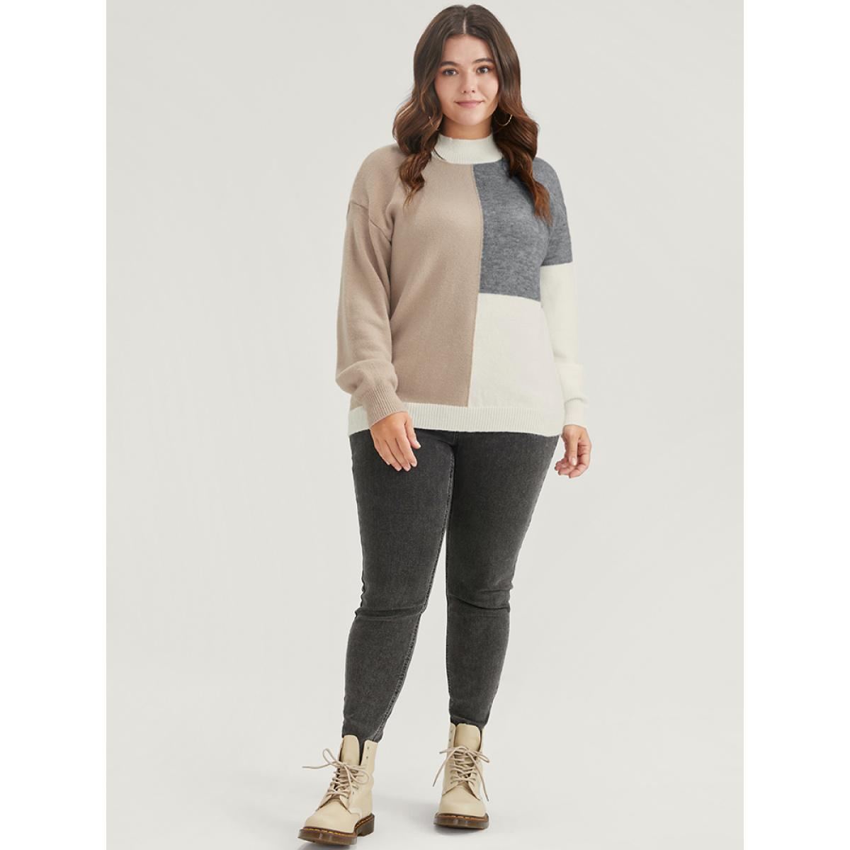 Plus Size Colorblock Contrast Pointelle Knit Heather Mock Neck Knit Top Multicolor Women Casual Long Sleeve Mock Neck Dailywear Pullovers BloomChic 30/6X Product Image