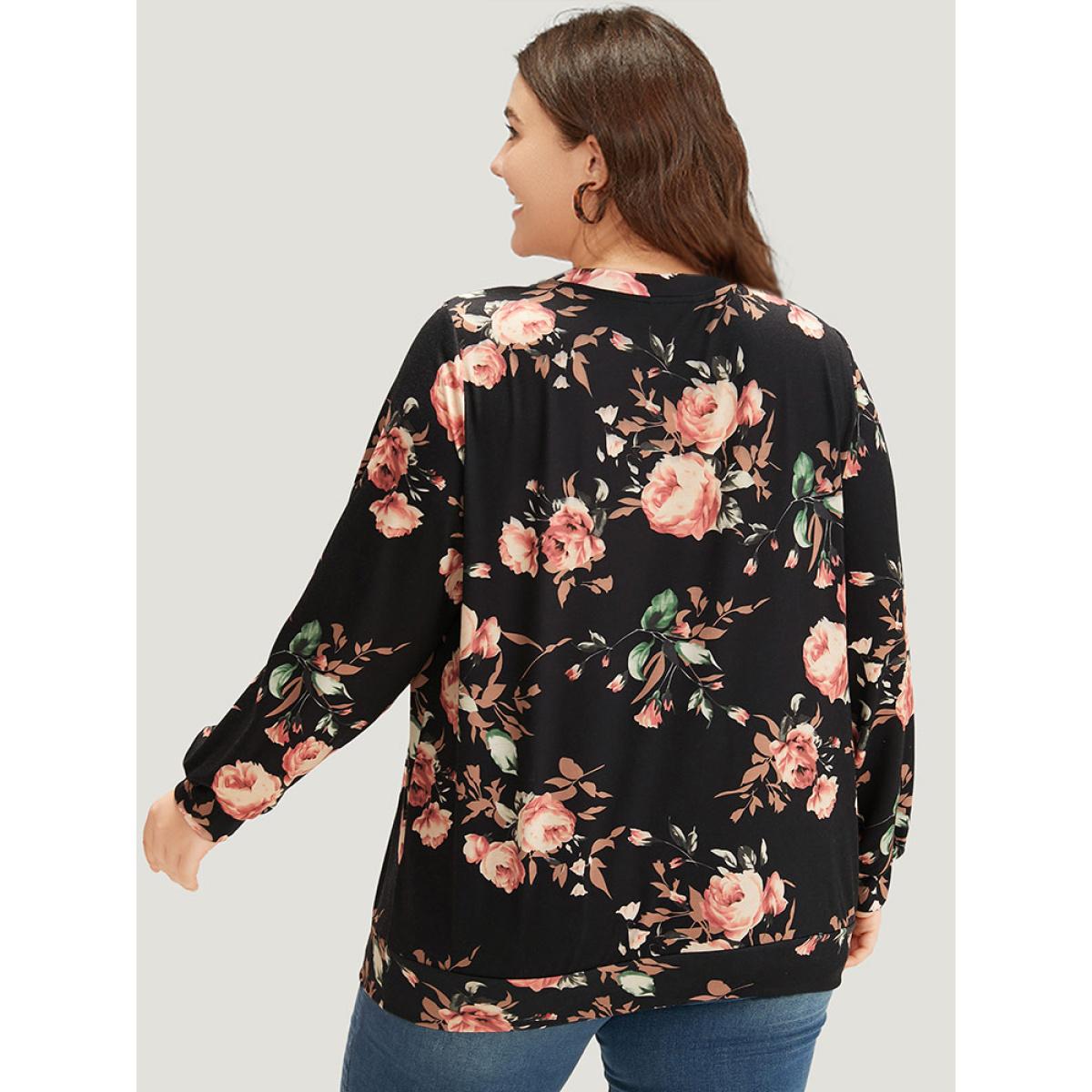 Plus Size Floral Print Round Neck Sweatshirt Women Multicolor Casual Elastic cuffs Round Neck Dailywear Sweatshirts BloomChic 10/M Product Image