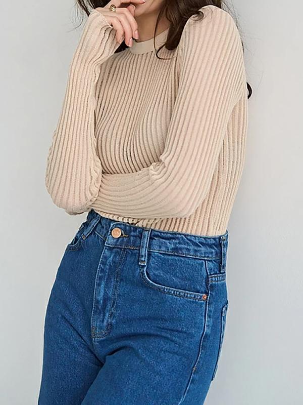 Long Sleeves Skinny See-Through Split-Joint Round-Neck T-Shirts Product Image