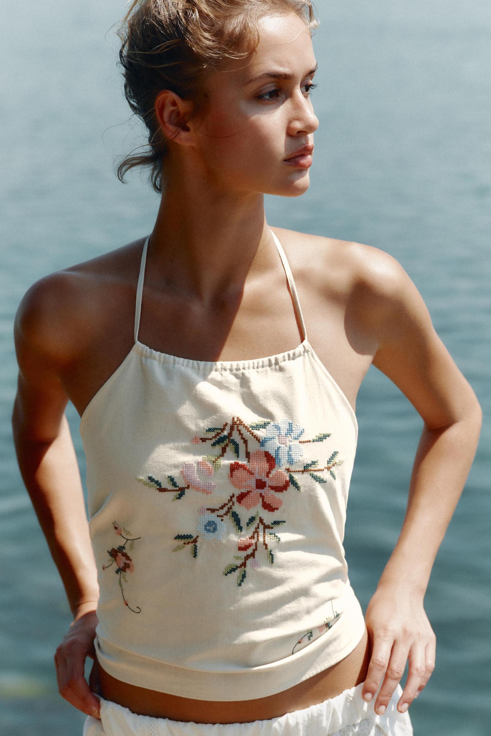 FLORAL EMBROIDERED HALTER TOP Product Image