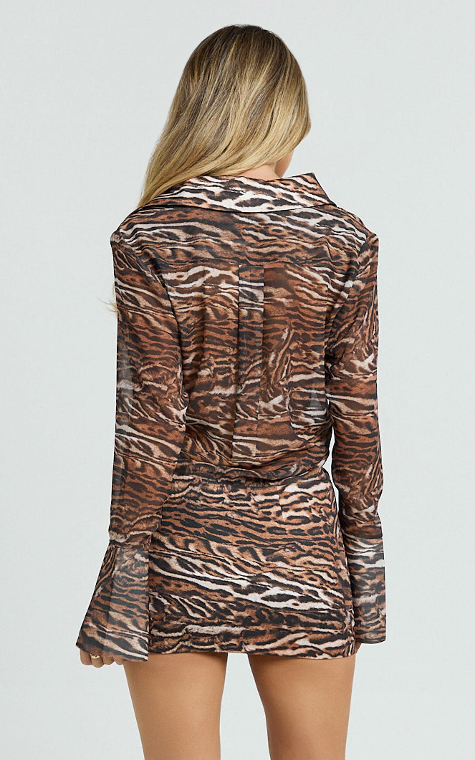 Franklin Mini Dress - Long Sleeve Concealed Placket Front Shirt Dress in Abstract Animal Print Product Image