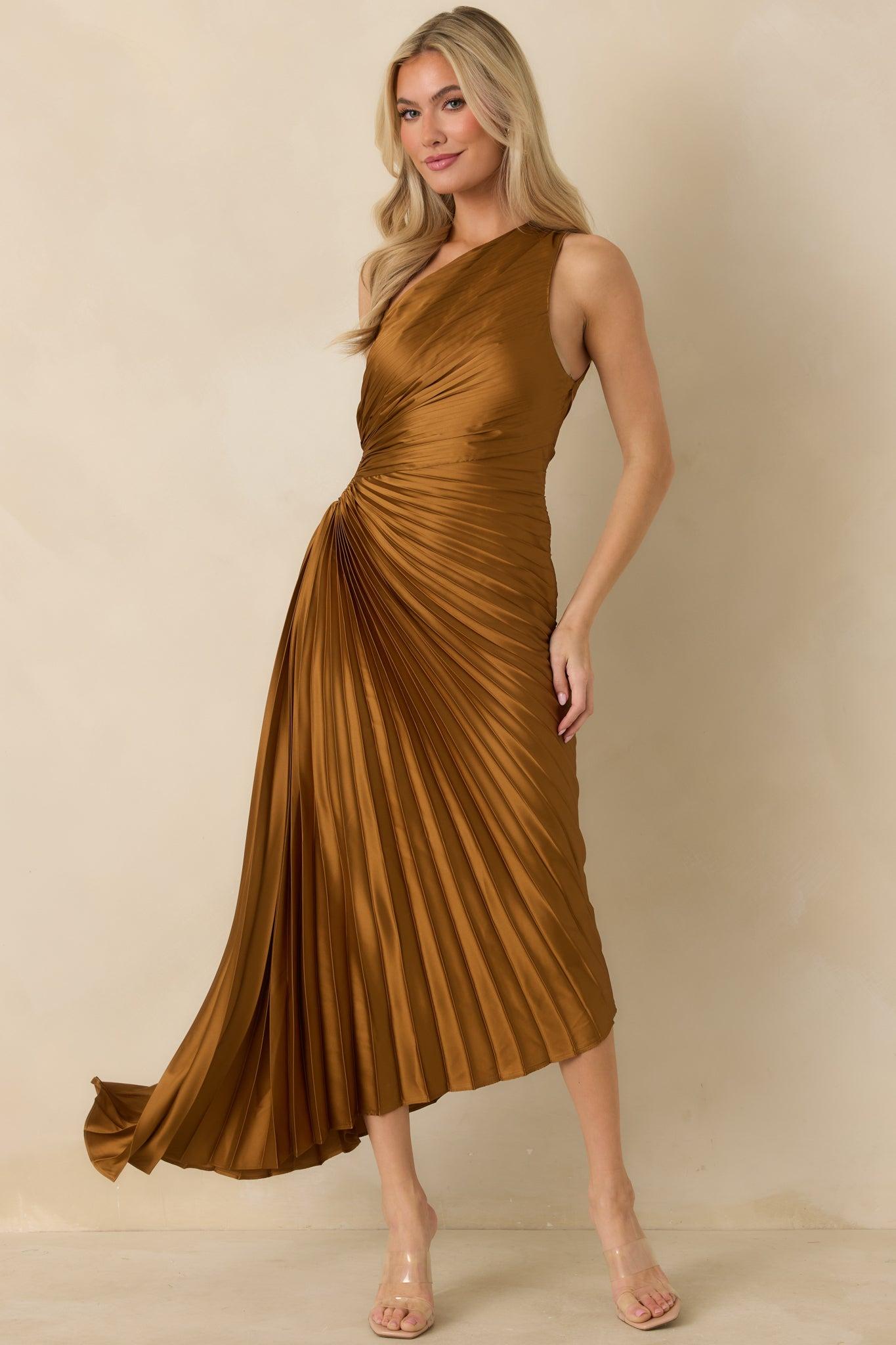 Poetic Charm Bronze Asymmetric One Shoulder Maxi Dress L / Bronze Product Image
