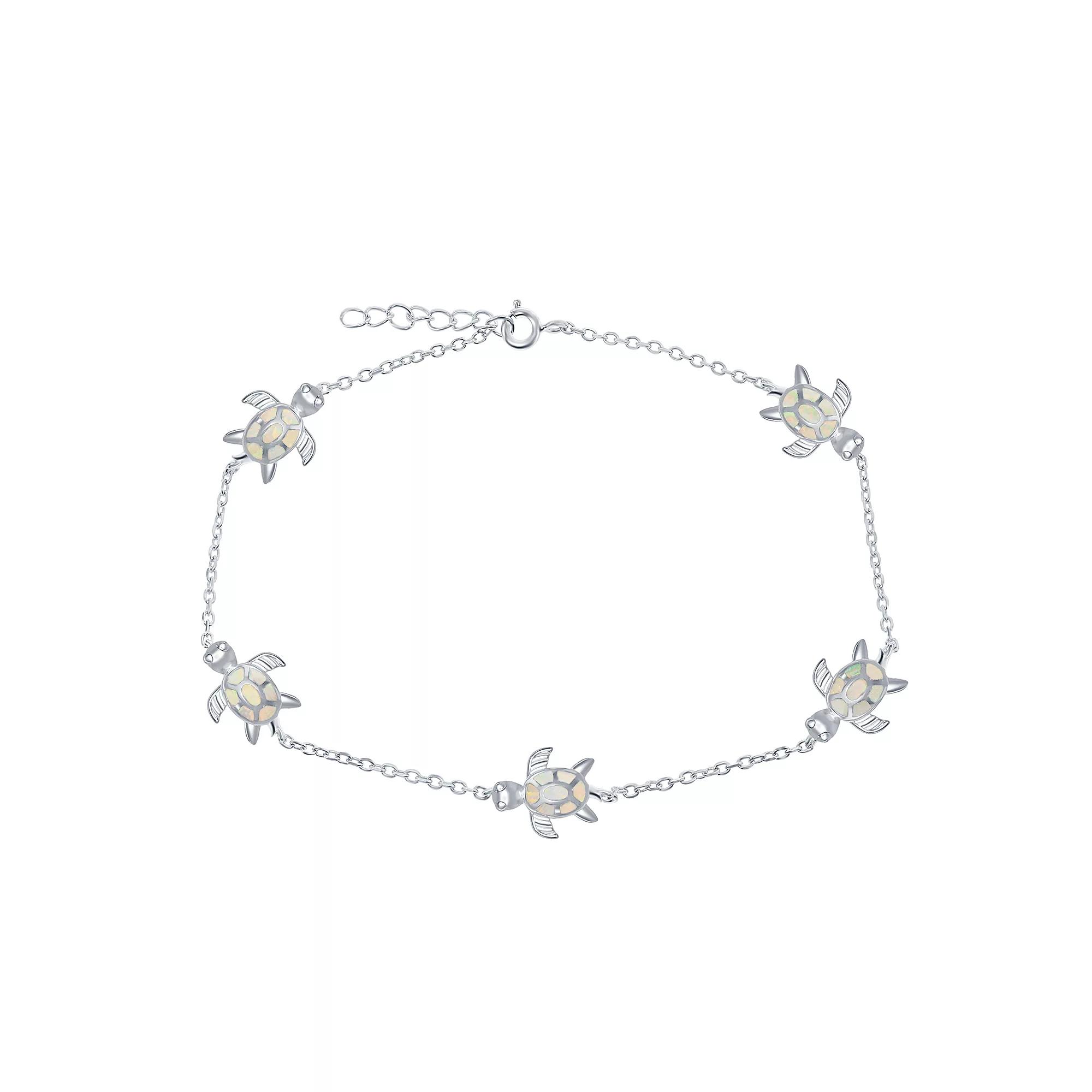 Sterling Silver Lab-Created Opal Sea Turtle Anklet, Womens White Product Image