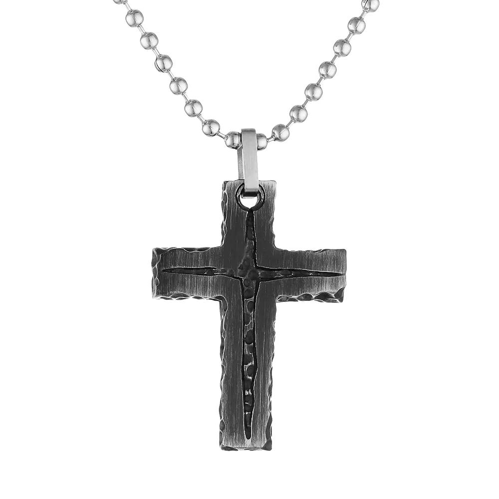 LYNX Black Ion-Plated Stainless Steel Textured Cross Pendant Necklace - Men, Men's, Size: 22", Silver Product Image