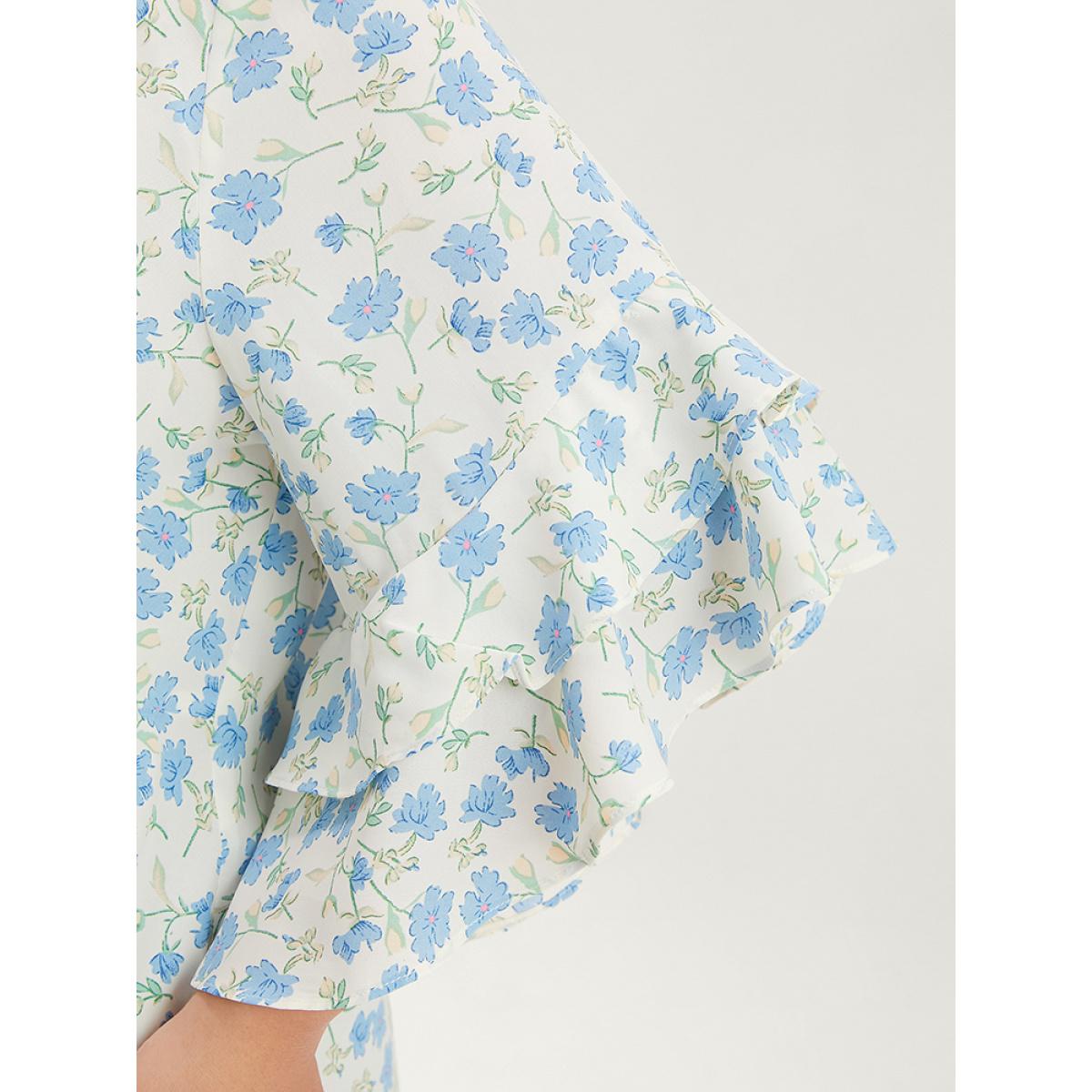 Plus Size White Floral Printed Knotted Front V Neck Ruffle Sleeve Blouse Women Elegant Elbow-length sleeve V-neck Dailywear Blouses BloomChic 26/4X Product Image