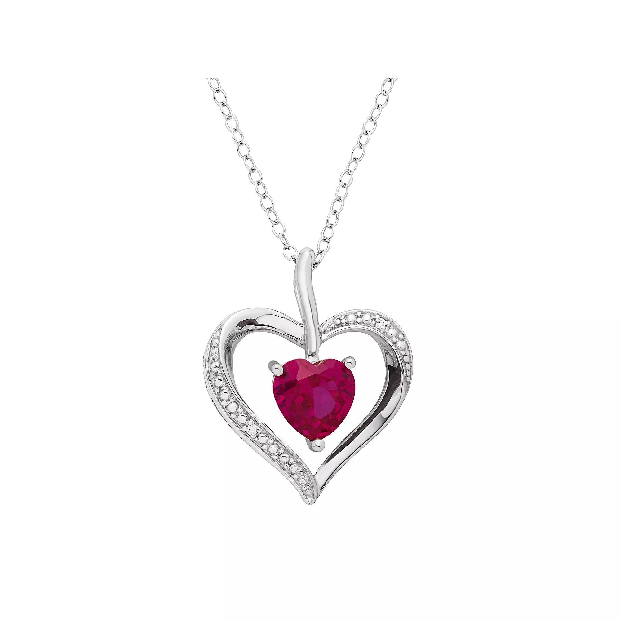 Sterling Silver Lab-Created Ruby & Diamond Accent Heart Pendant Necklace, Women's, Size: 18", Red Product Image