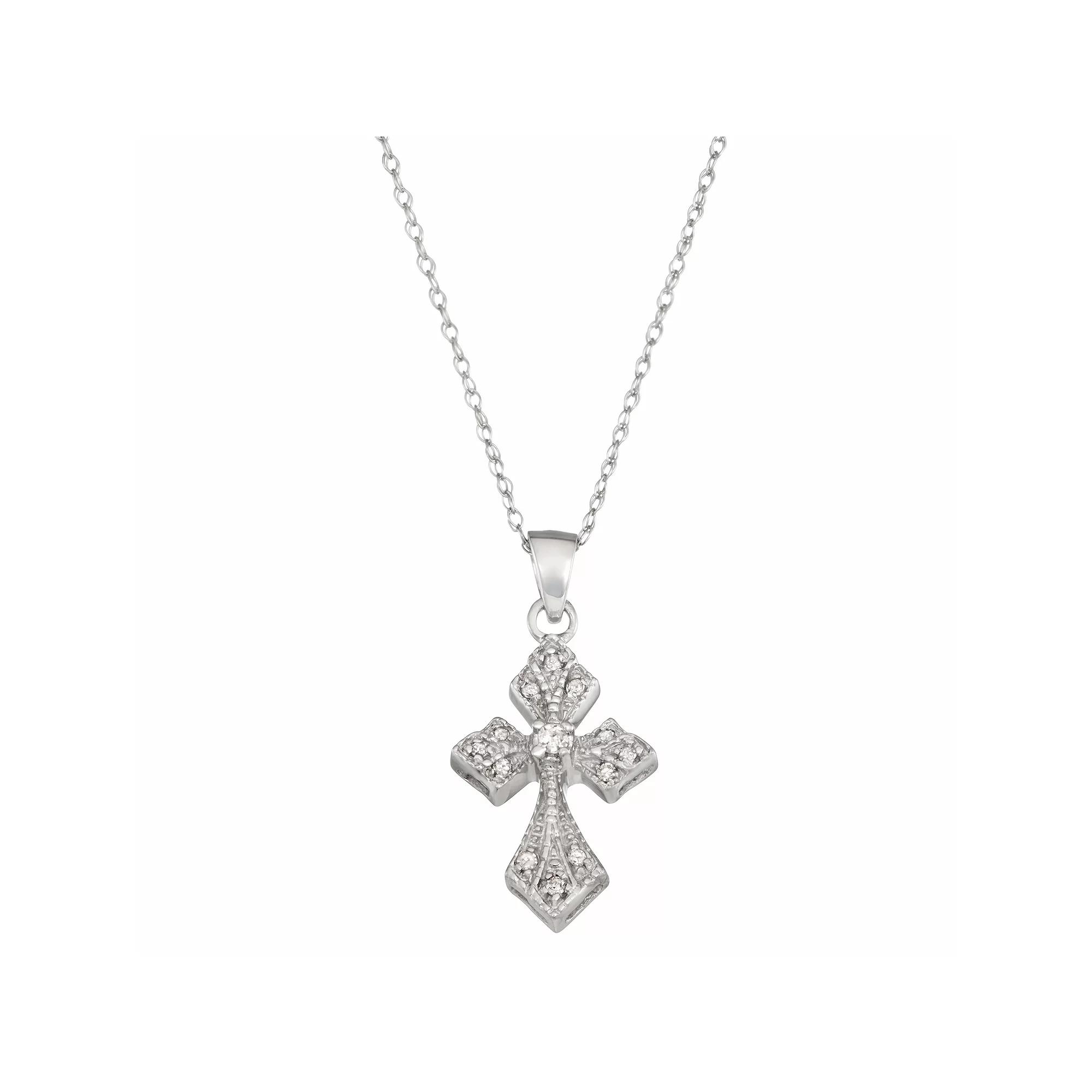 10k White Gold 1/10 Carat T.W. Diamond Cross Necklace, Women's, Size: 18" Product Image