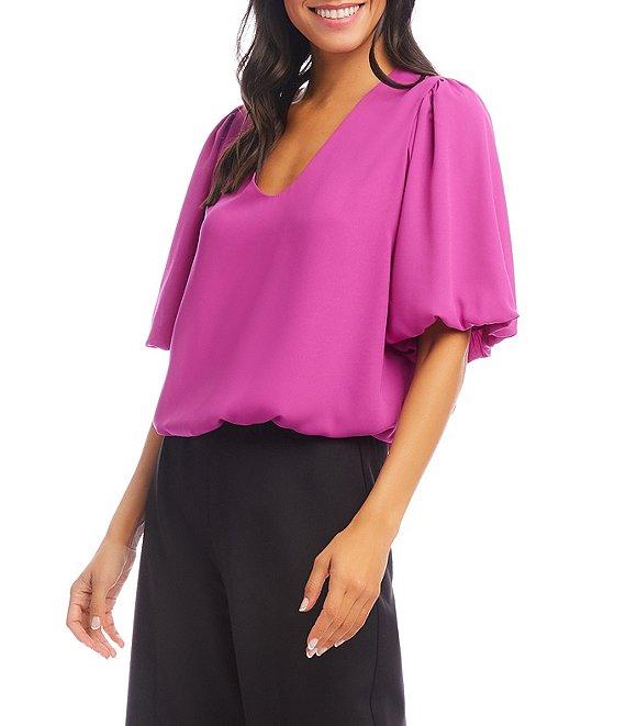 Karen Kane Silky Crepe V-Neck Short Puff Sleeve Top Product Image