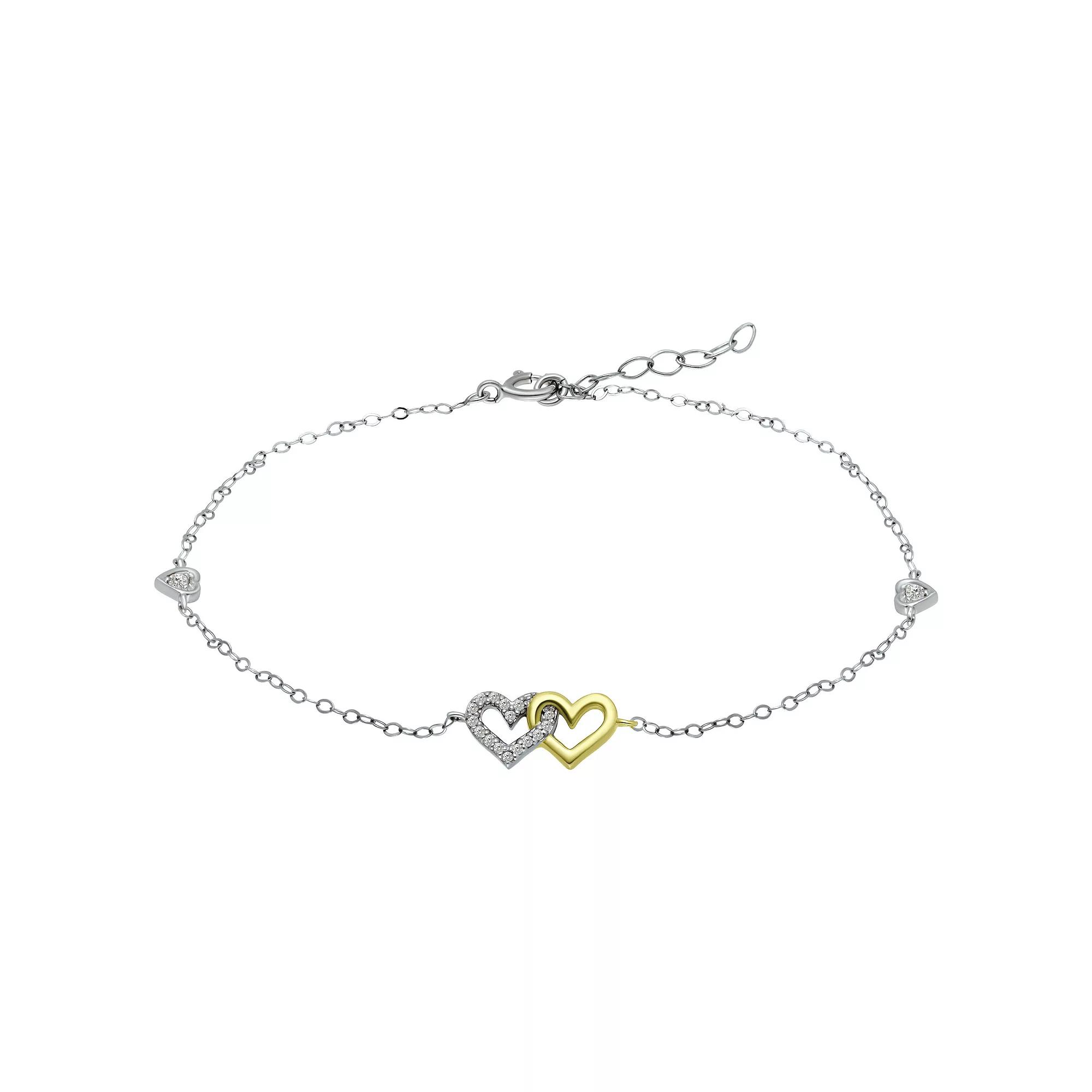 Aleure Precioso Sterling Silver Cubic Zirconia Double Heart Anklet, Women's, Size: 9", Two Tone Product Image