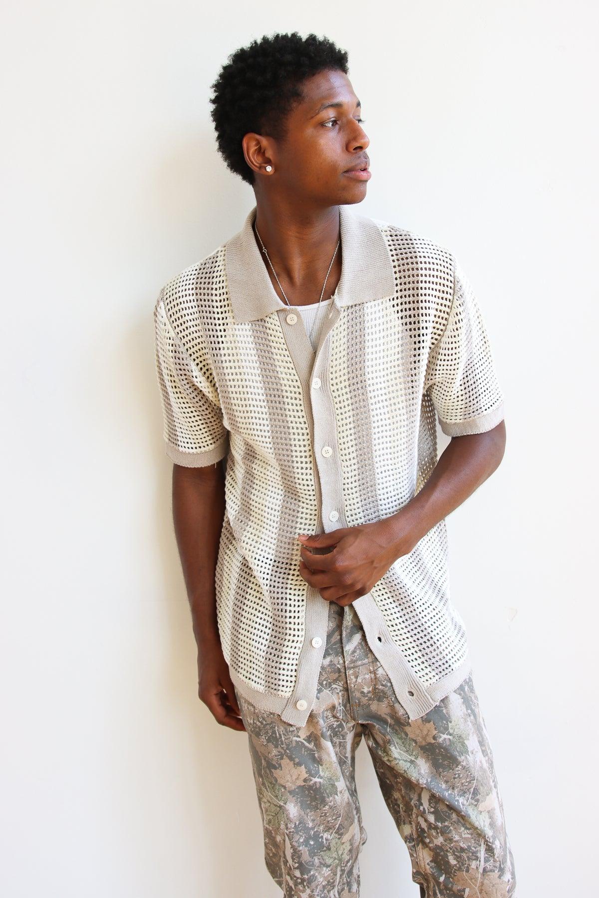 Striped Knit Mesh Button Up Shirt Product Image