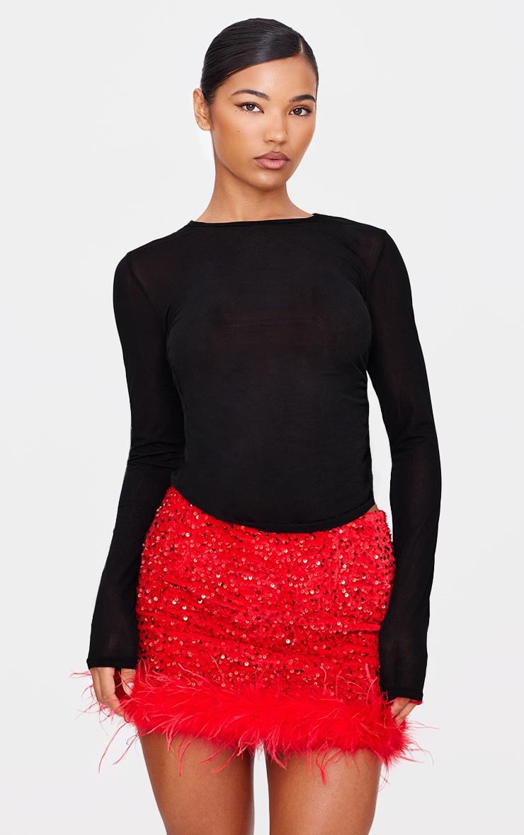 Red Premium Velvet Sequin Feather Hem Mini Skirt Product Image
