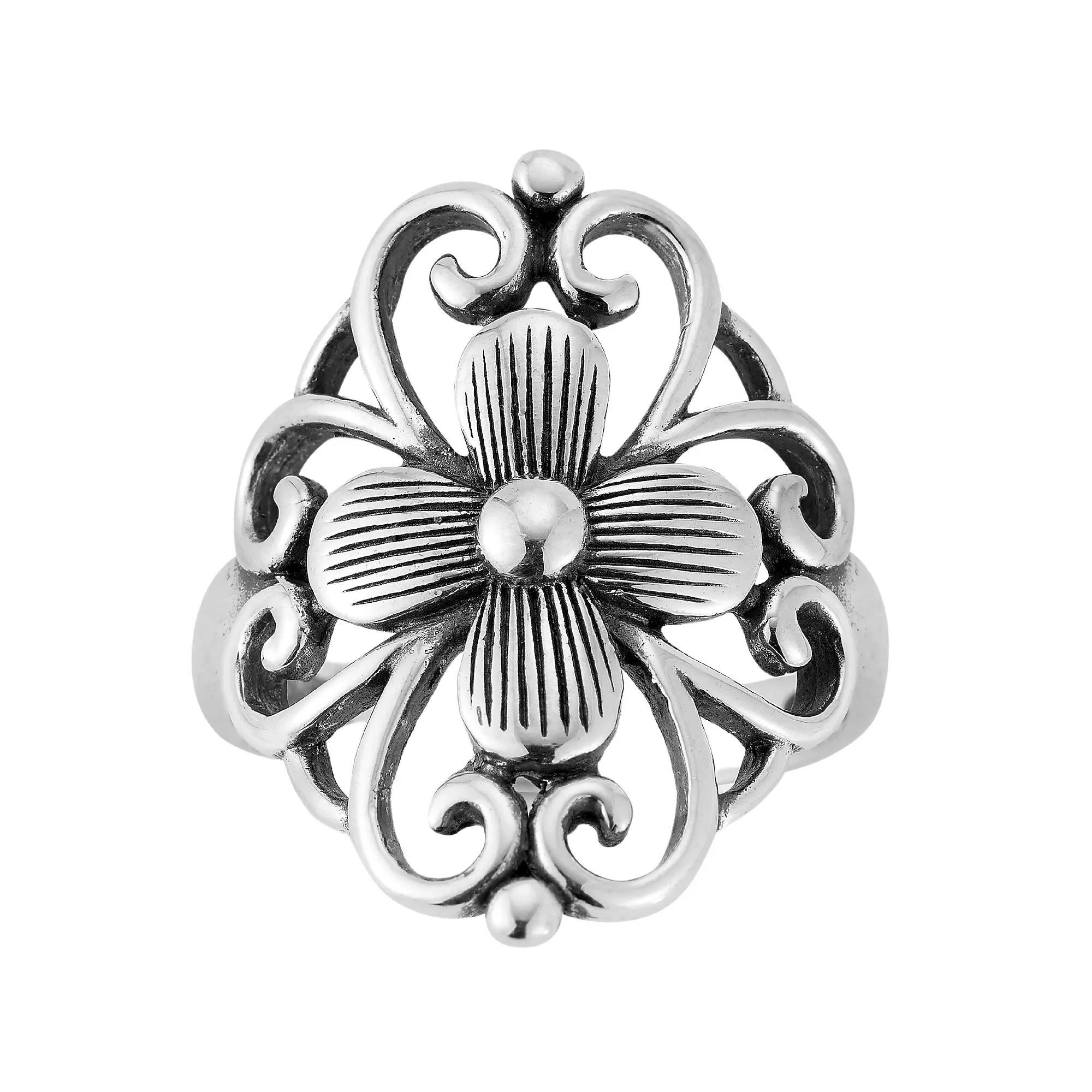 Sunkissed Sterling Sterling Silver Oxidized Flower Signet Ring, Women's, Size: 9, Silver Tone Product Image