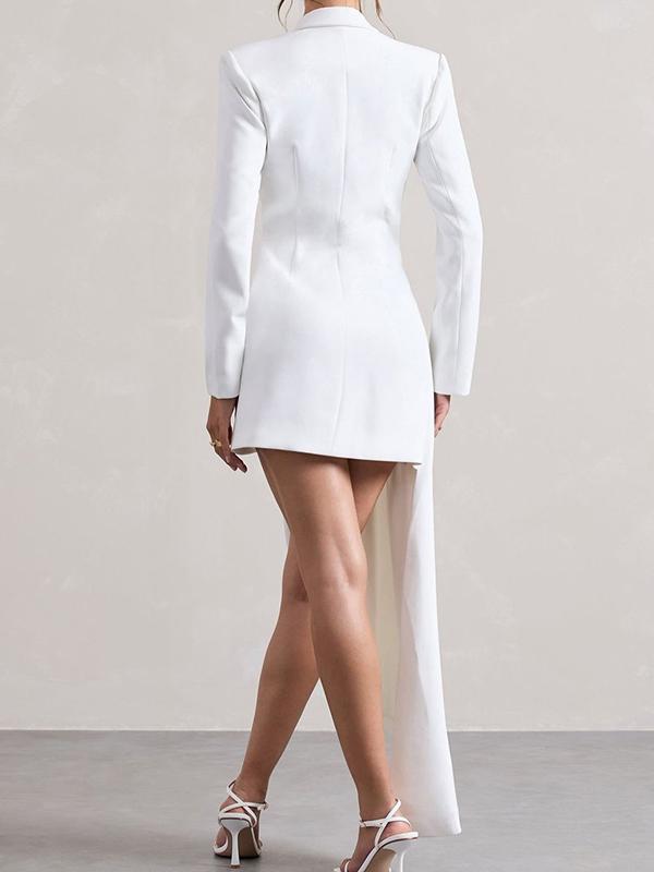 Long Sleeves Asymmetric Buttoned Pockets Solid Color Notched Collar Blazer Maxi Dress Product Image