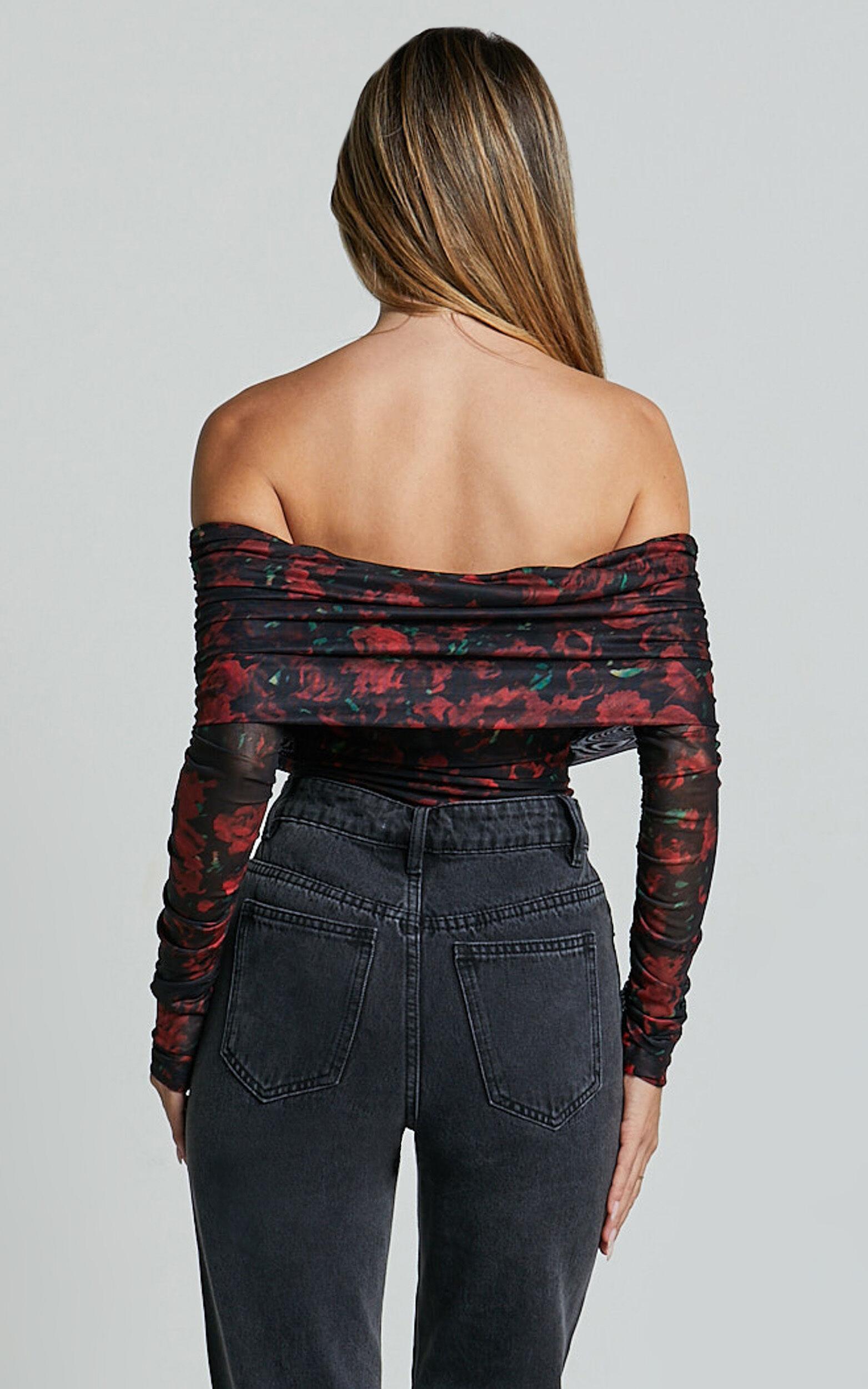 Jaythen Bodysuit - Long Sleeve Off Shoulder Ruched Mesh Bodysuit in Red Rose Product Image