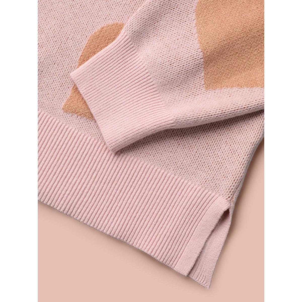 Plus Size V-Neck Heart Jacquard Contrast Pullover Nudepink Women Playful Loose Long Sleeve V-neck Casual Pullovers BloomChic 22-24/3X Product Image