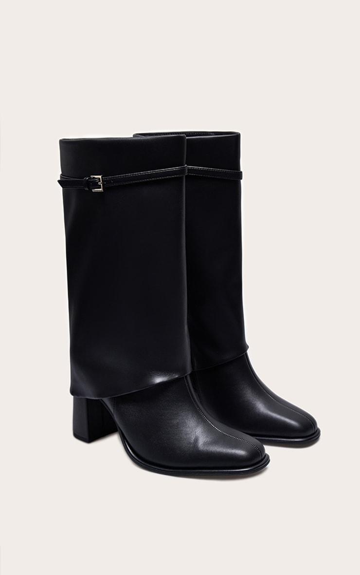 Black PU Point Toe Buckle Detail Block Heel Calf High Boots Product Image