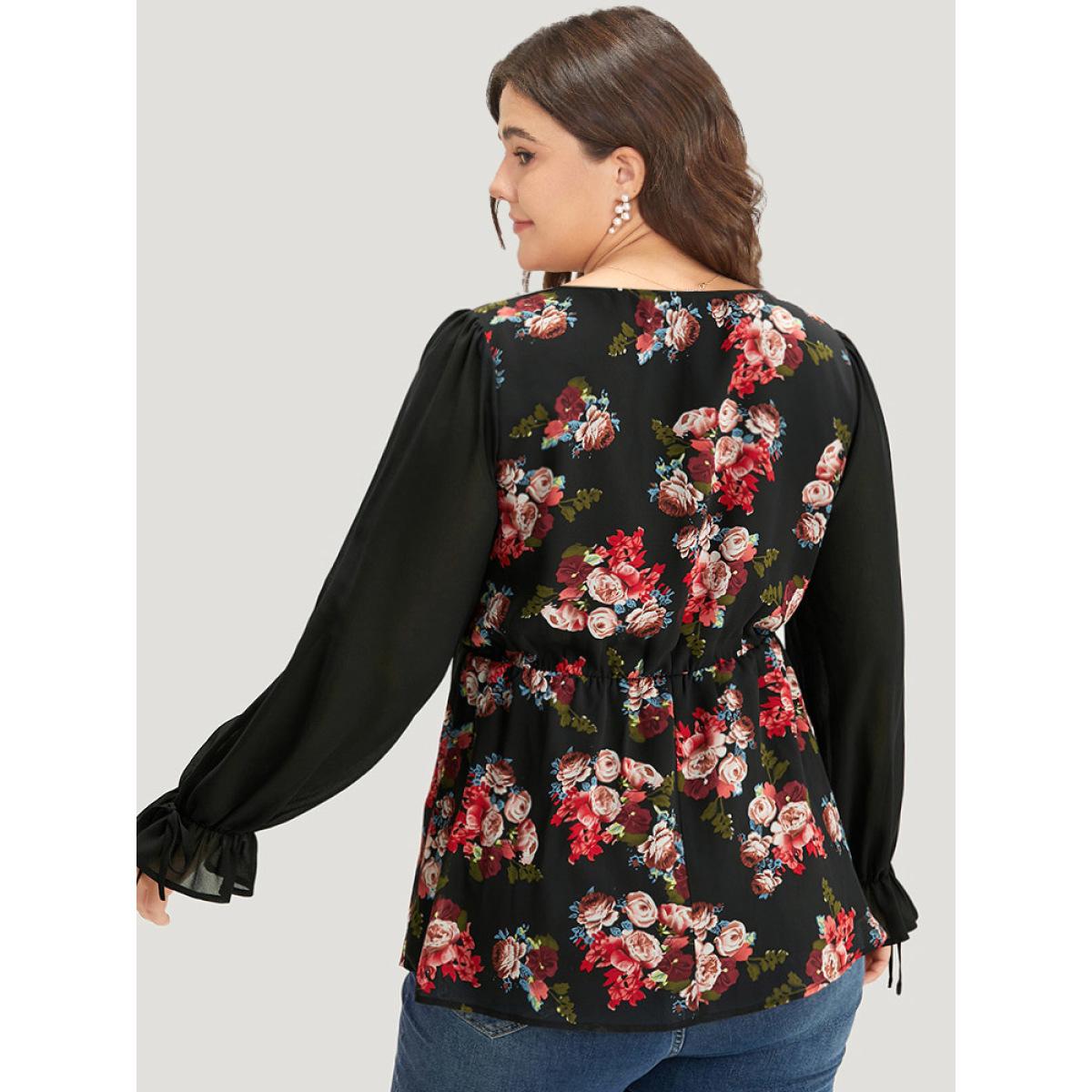 Plus Size Black Floral Print Patchwork Wrap Ties Lantern Sleeve Blouse Women Elegant Long Sleeve V-neck Dailywear Blouses BloomChic 30/6X Product Image
