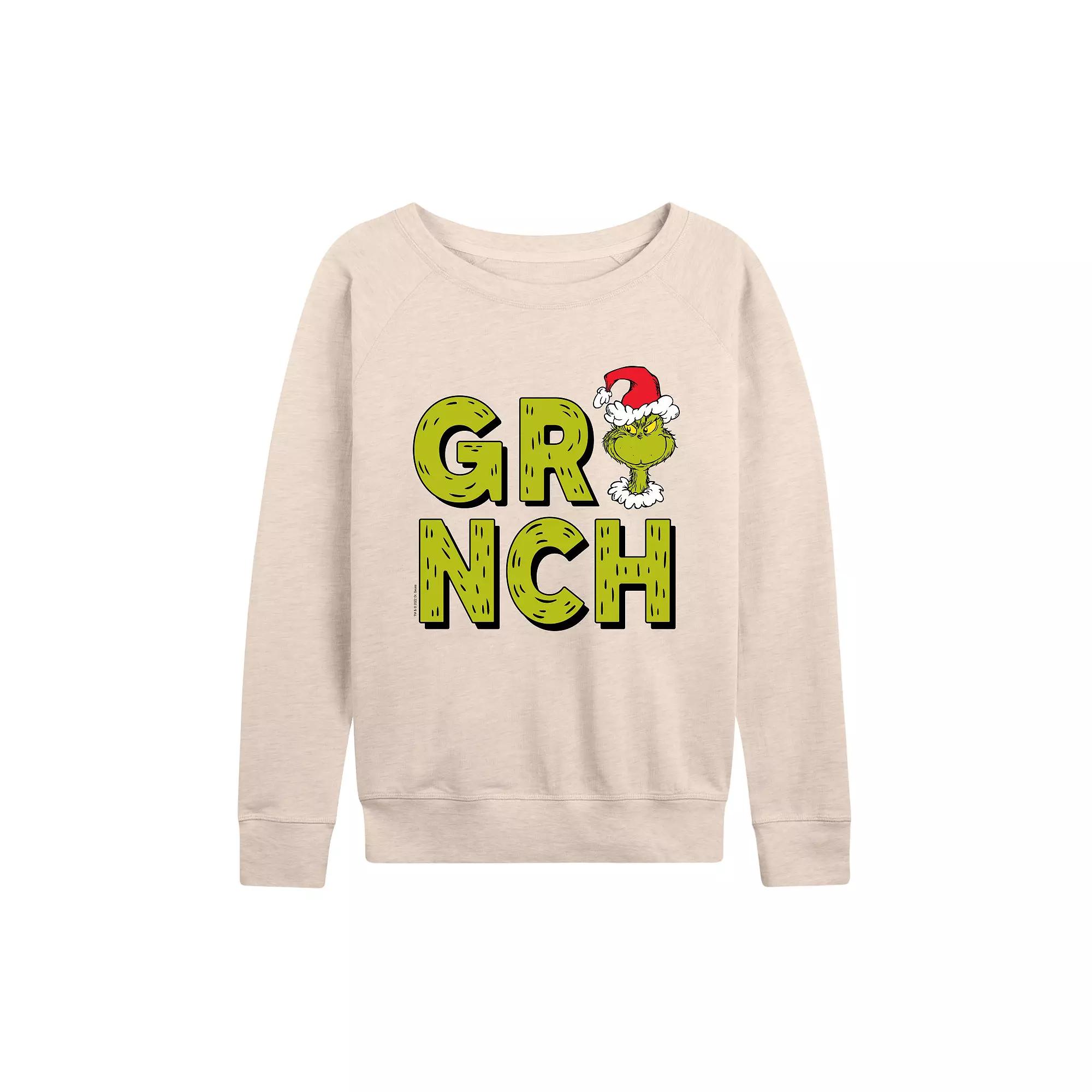 Women's Dr. Seuss Grinch Fur Letters French Terry Long Sleeve Tee,  Product Image