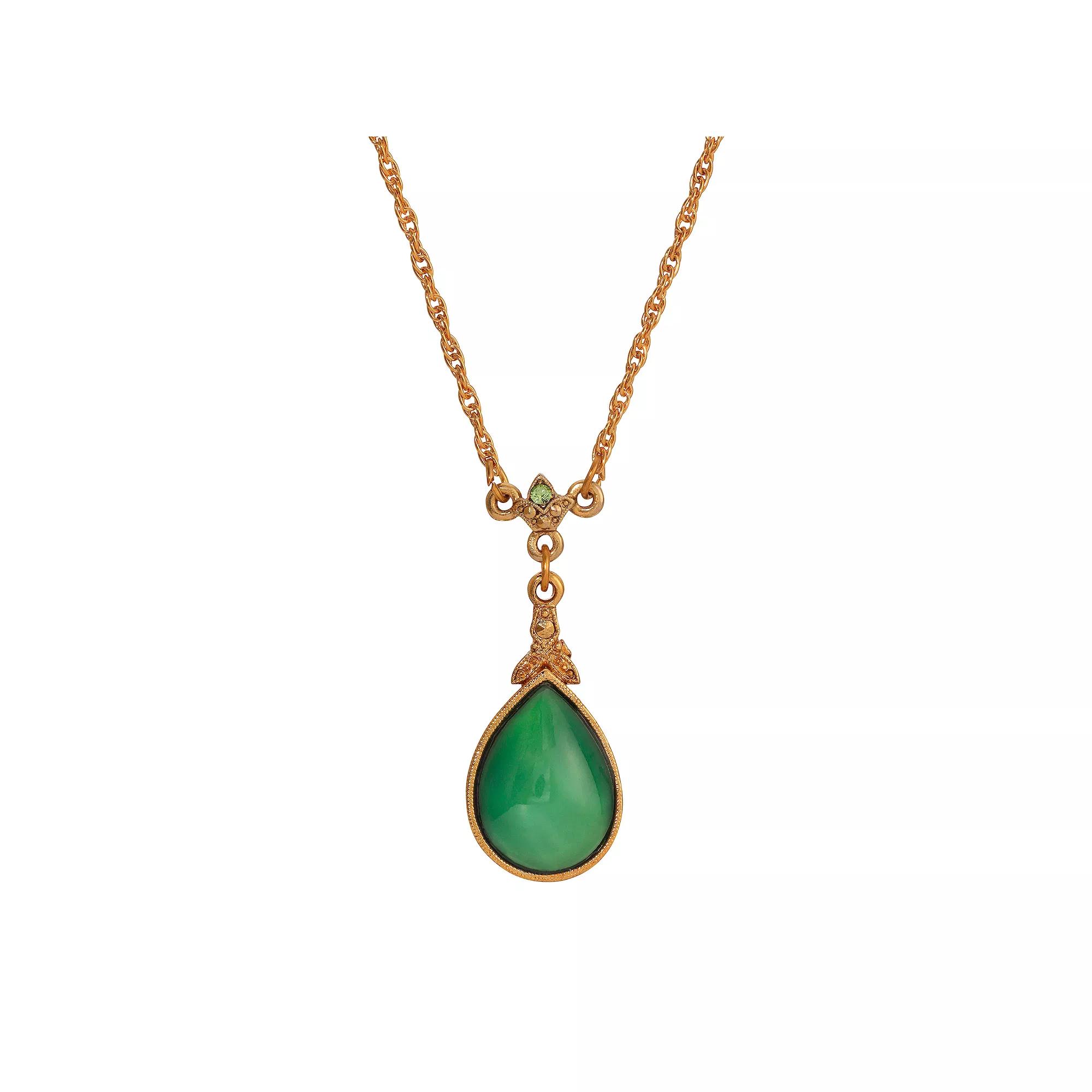 1928 14k Gold Tone Green Moonstone Glass Teardrop Pendant Necklace, Women's Product Image