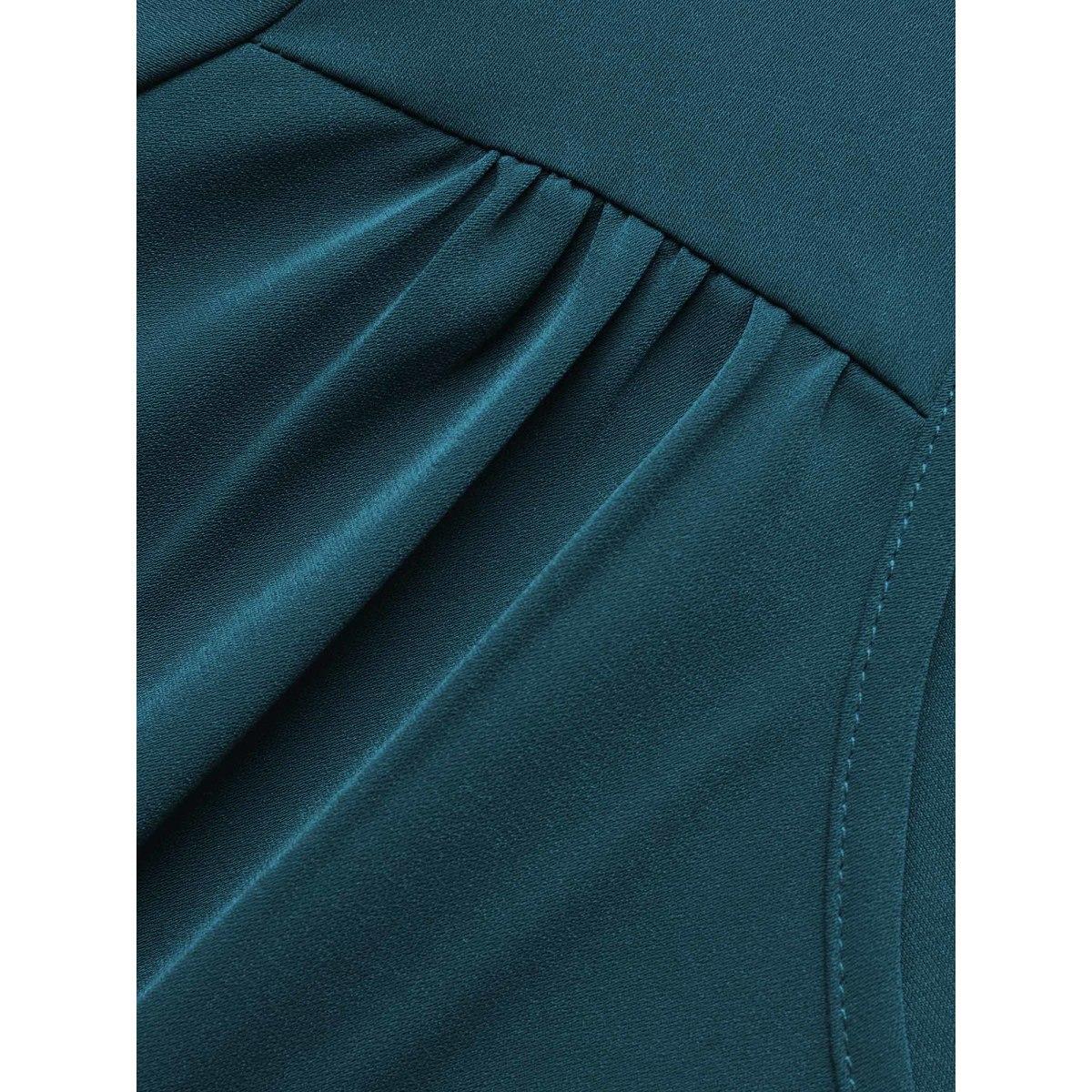 Plus Size Cyan Anti-Wrinkle Plain Metal Detail Keyhole Neck Blouse Women Office Short sleeve V-neck Work Blouses BloomChic 14-16/1X Product Image