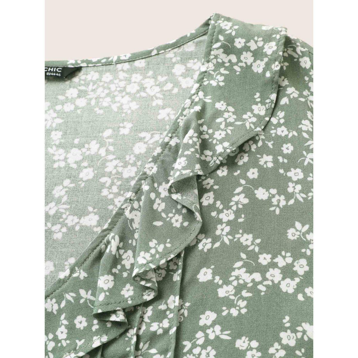 Plus Size Sage Rayon Ditsy Floral Pleated Patchwork Ruffles Blouse Women Elegant Short sleeve V-neck Everyday Blouses BloomChic 12/L Product Image