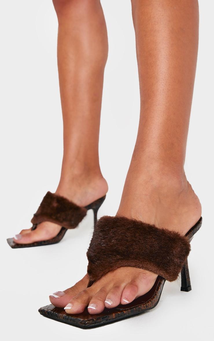 Brown Pu Square Toe Thong Faux Fur Heeled Mules Product Image