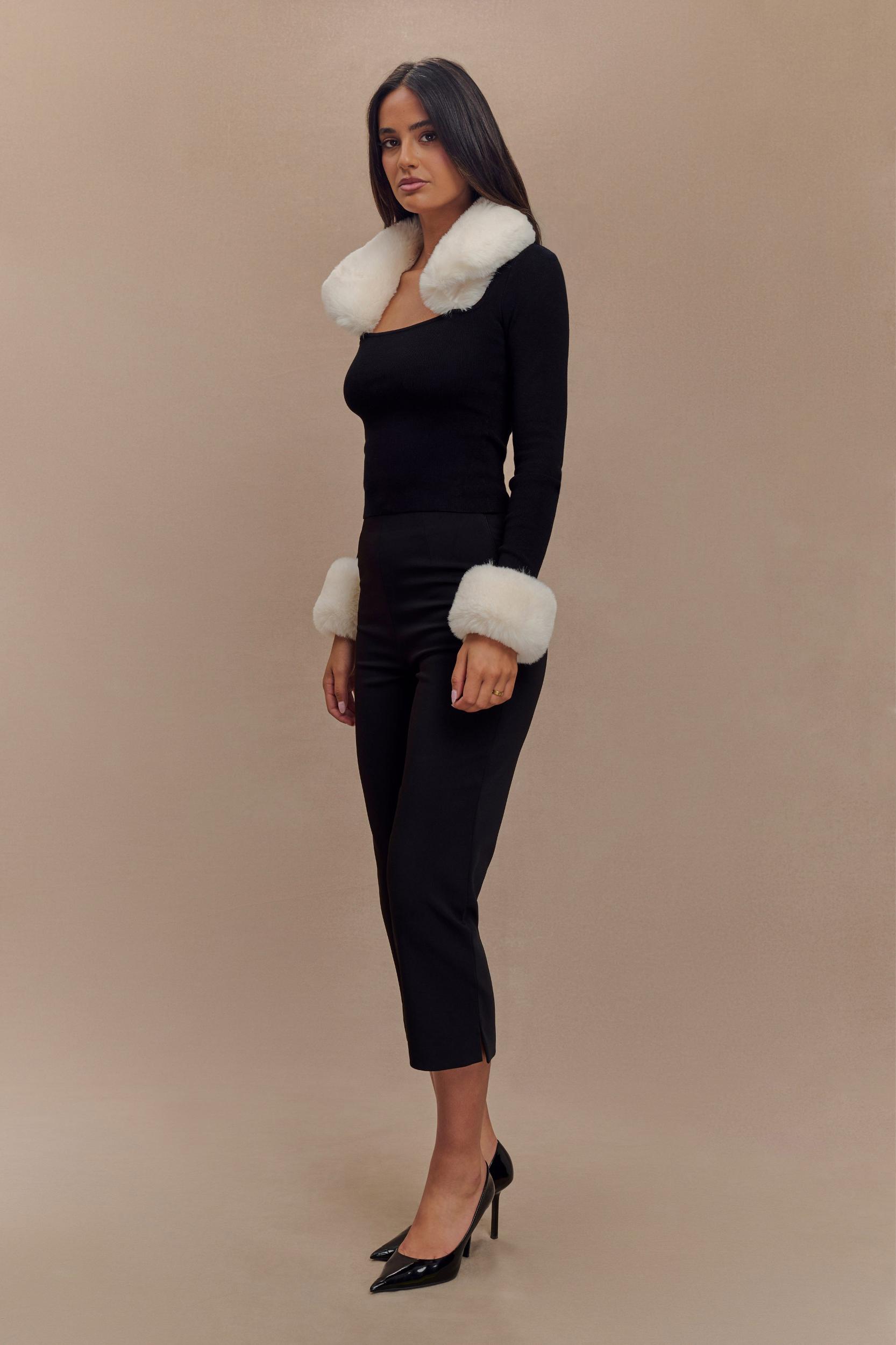 Cressida Faux Fur Knit Long Sleeve Top - Black/White Product Image