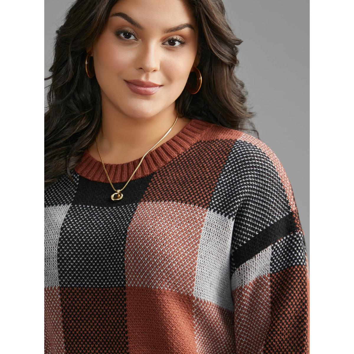 Plus Size Plaid Contrast Slit Hem Pullover Yellowishbrown Women Casual Loose Long Sleeve Round Neck Everyday Pullovers BloomChic 12/L Product Image
