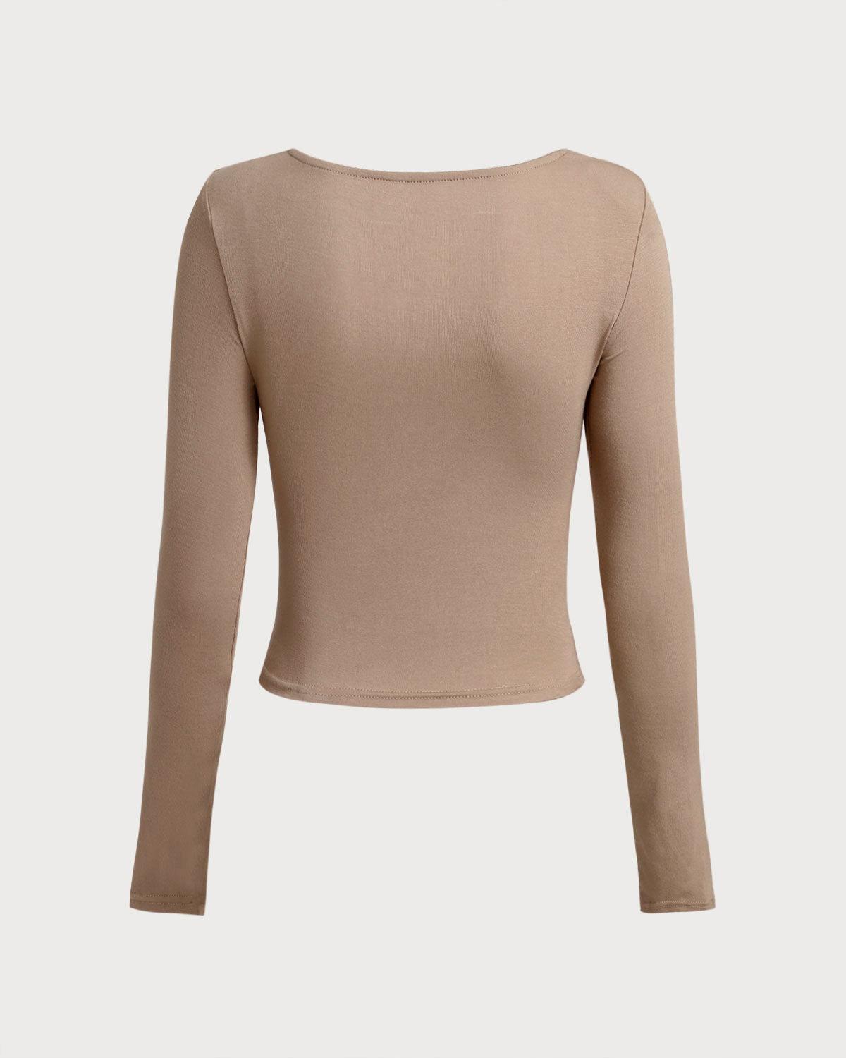 Khaki V Neck Ruched Slim Tee Product Image