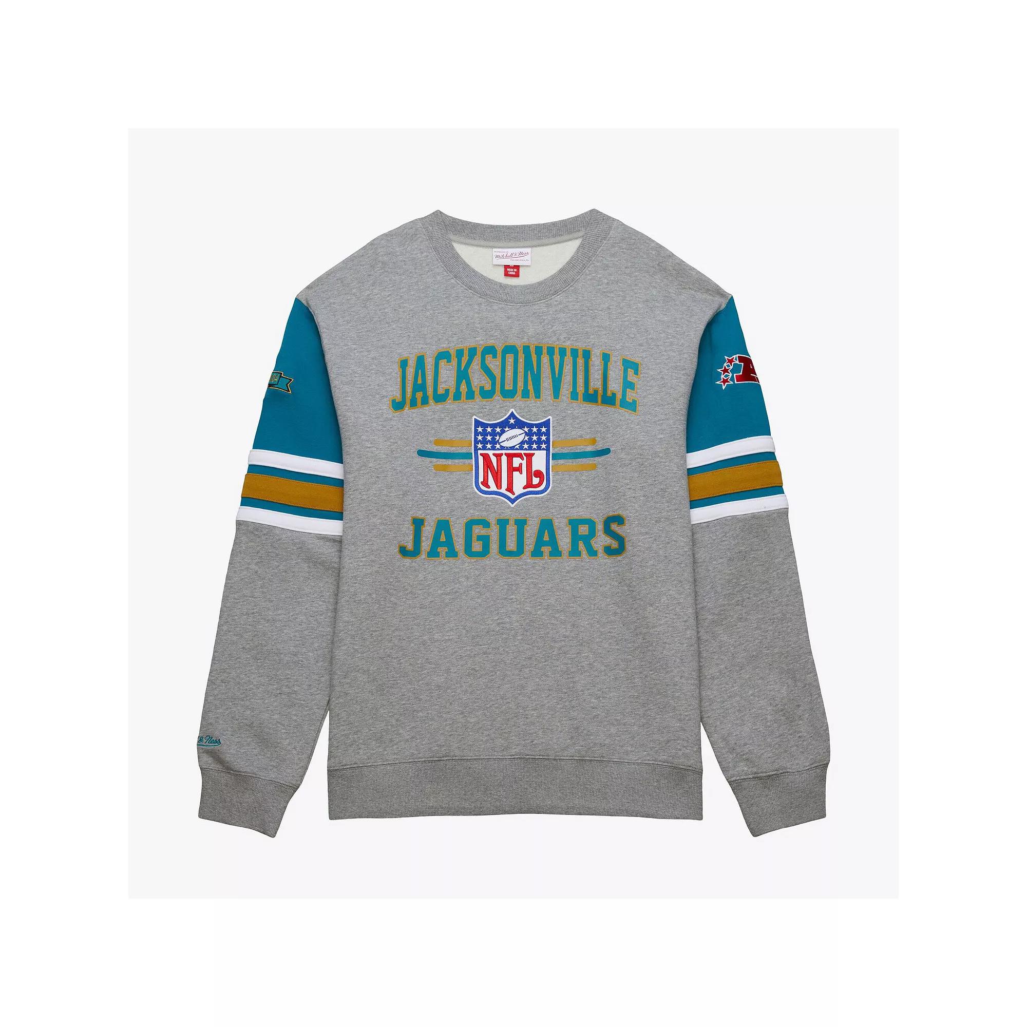 Men's Mitchell & Ness Heather Gray Jacksonville Jaguars All Over 4.0 Vintage Logo Pullover Sweatshirt, Size: 4XL, Grey Product Image