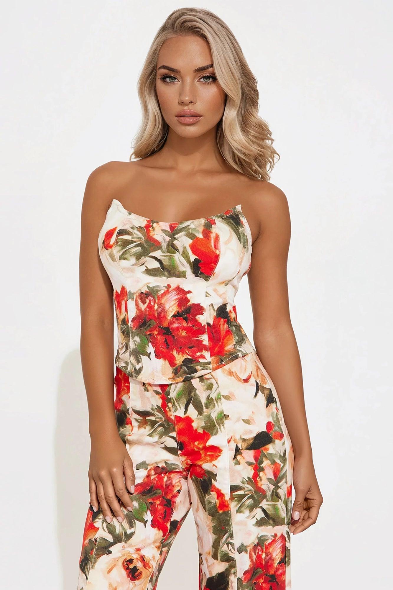 Brunch Babe Corset Pant Set - Red/combo Product Image