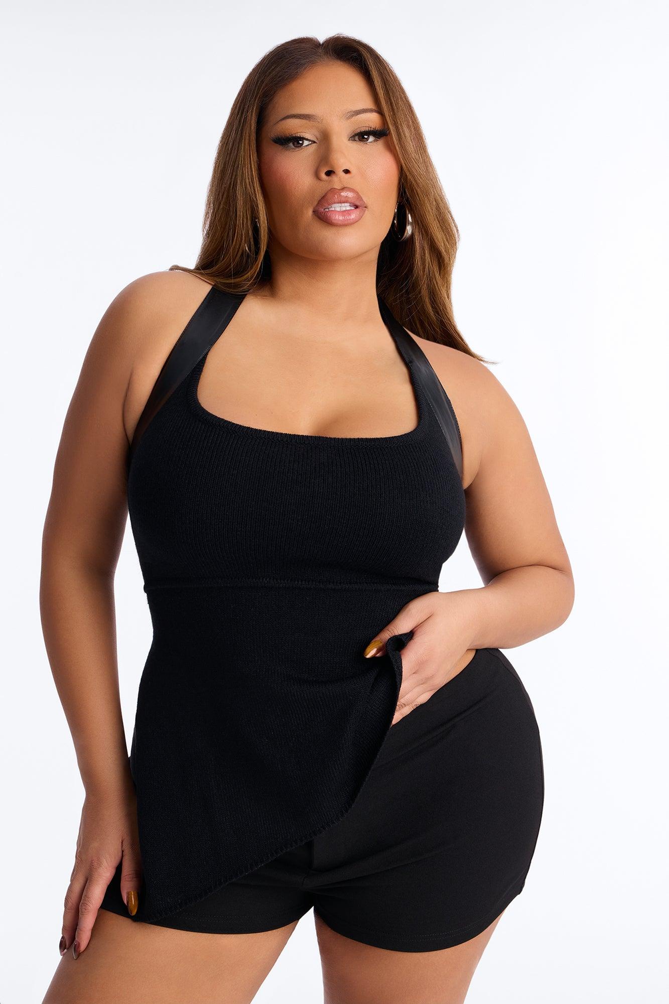 Call You Up Faux Leather Trim Sweater Halter Top - Black Female Product Image