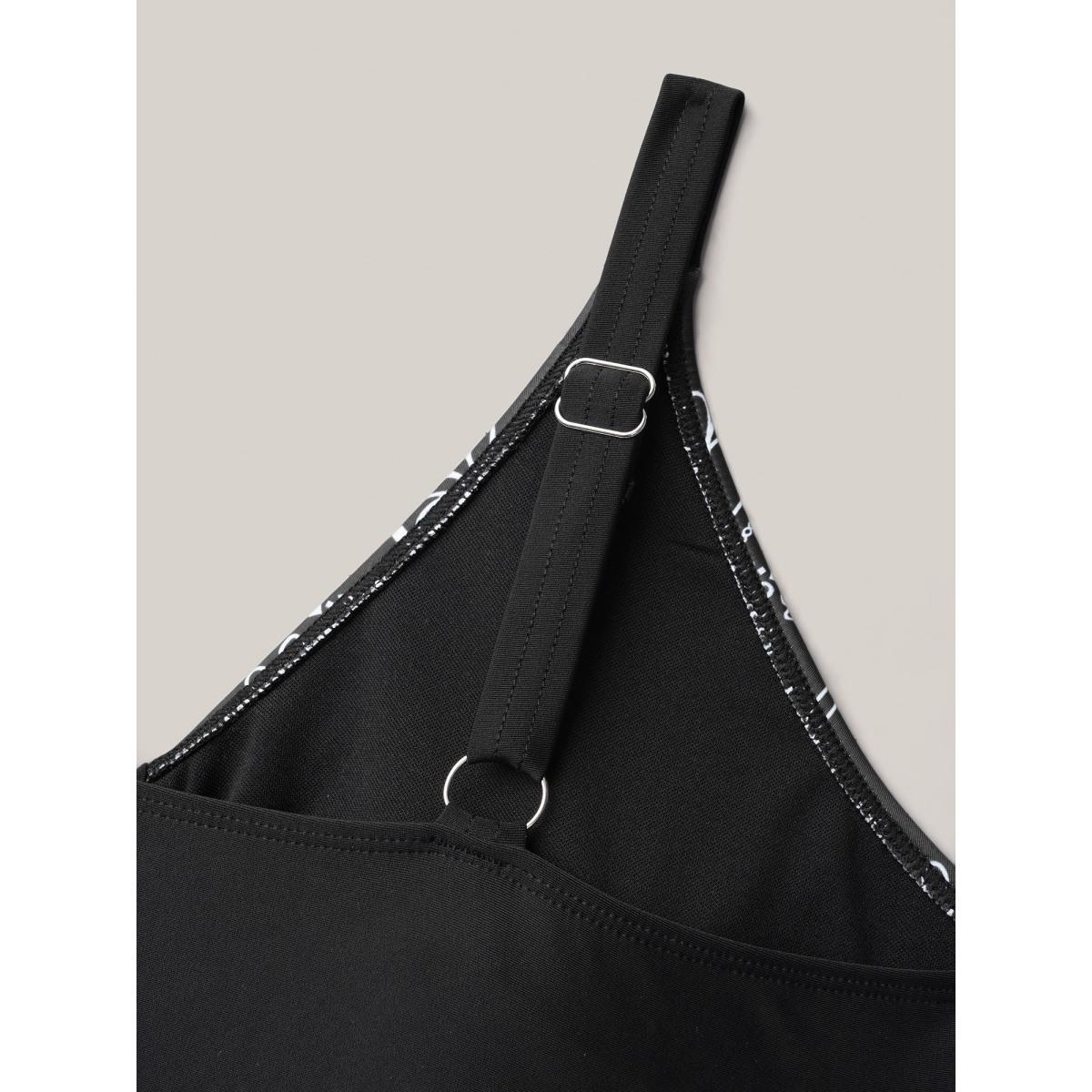 Plus Size Boho Print Ruched Bow Asymmetrical Hem Swim Dress Women's Swimwear Black Resort Bodycon Heart neckline High stretch Curve Swim Dresses BloomChic 22-24/3X Product Image