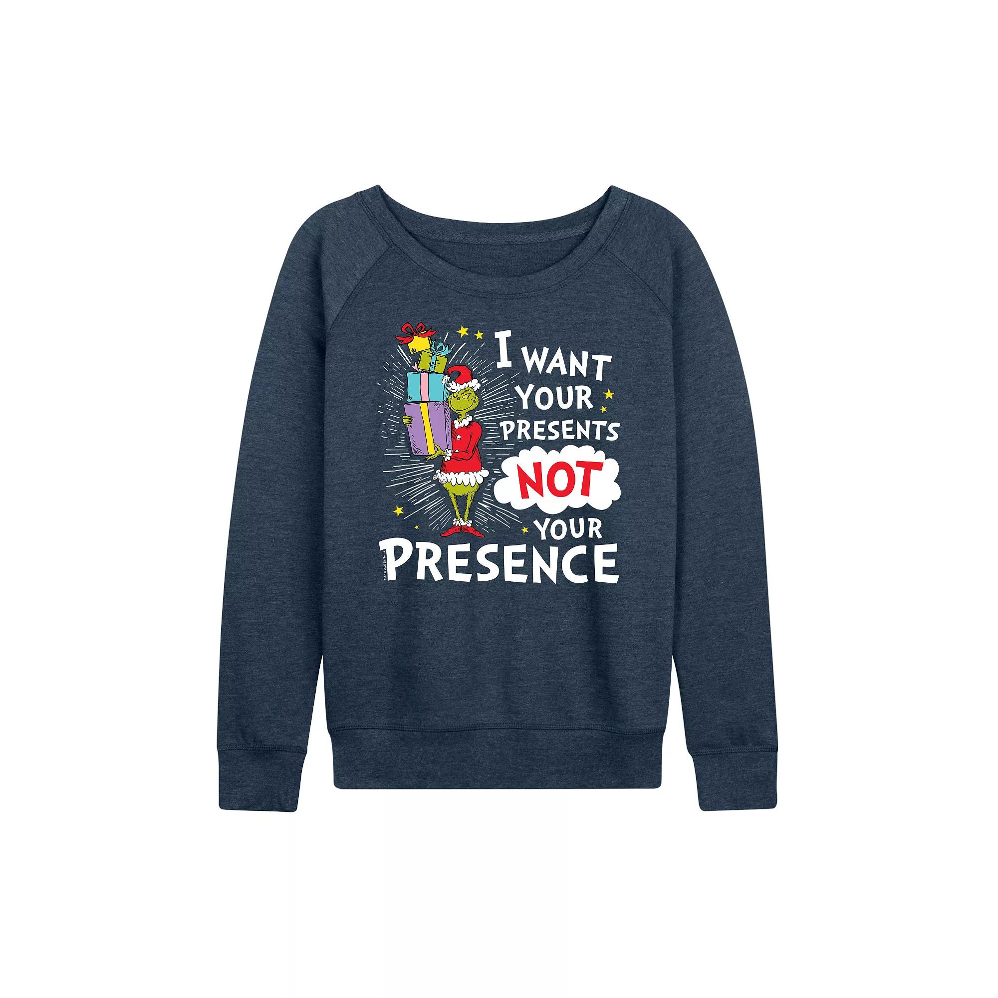 Women's Dr. Seuss The Grinch Presents Not Presence French Terry Long Sleeve Tee, Girl's, Size: Large, Grey Indigo Product Image