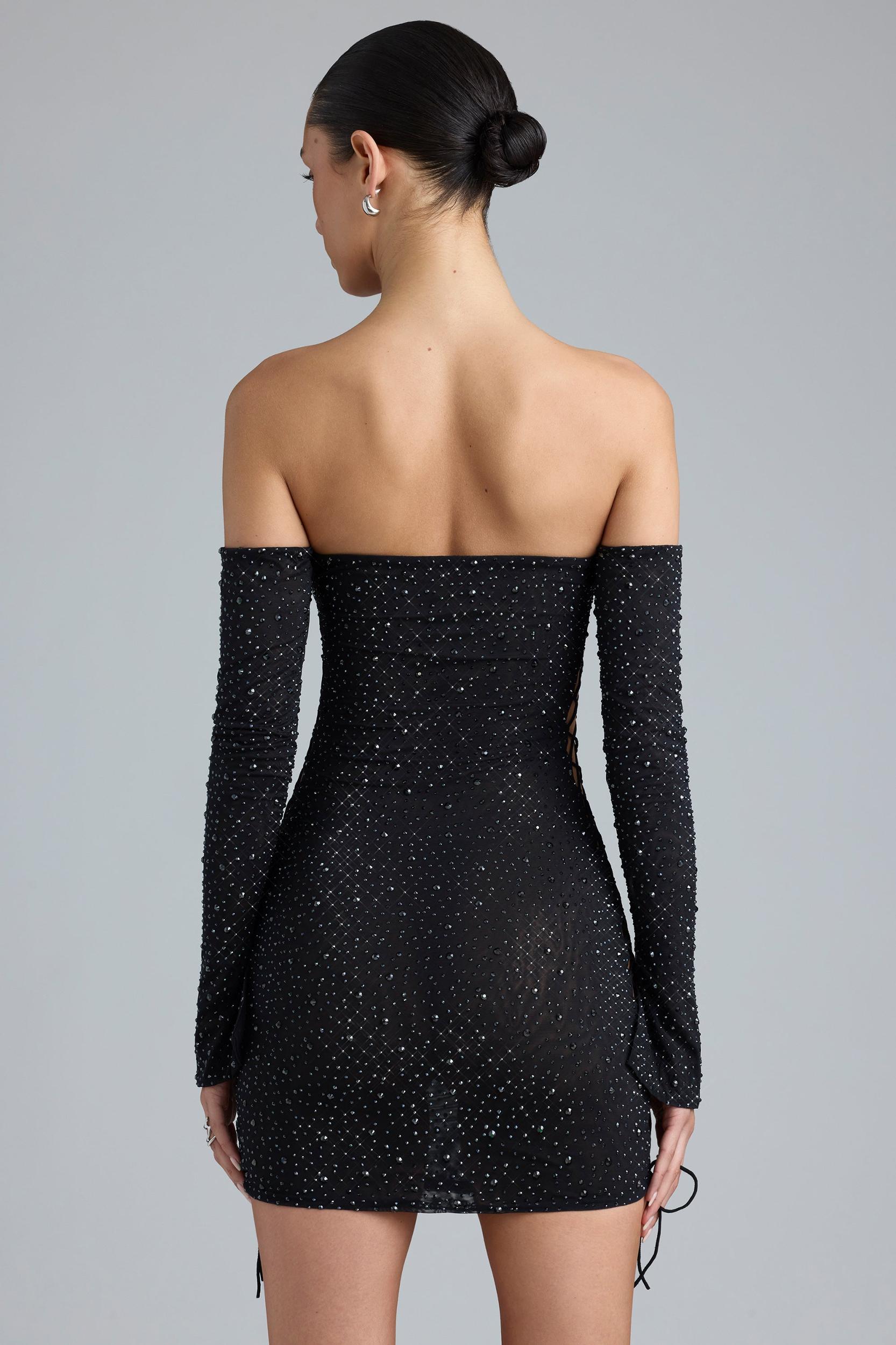 Embellished Lace-Up Off-Shoulder Mini Dress in Black Product Image