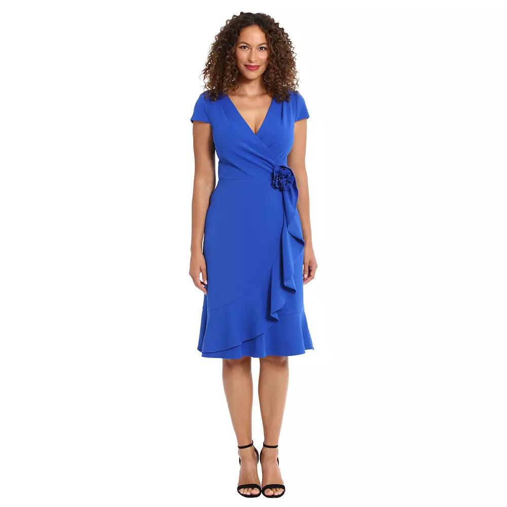 Women's London Times Rosette Wrap Cascade Ruffle Dress, Size: 16, Blue Product Image