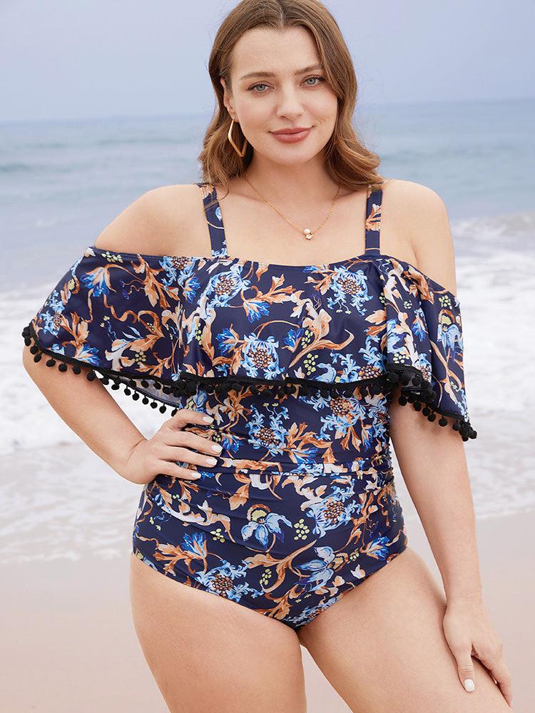 Floral Pompom Trim Cold Shoulder One Piece Swimsuit Female Product Image