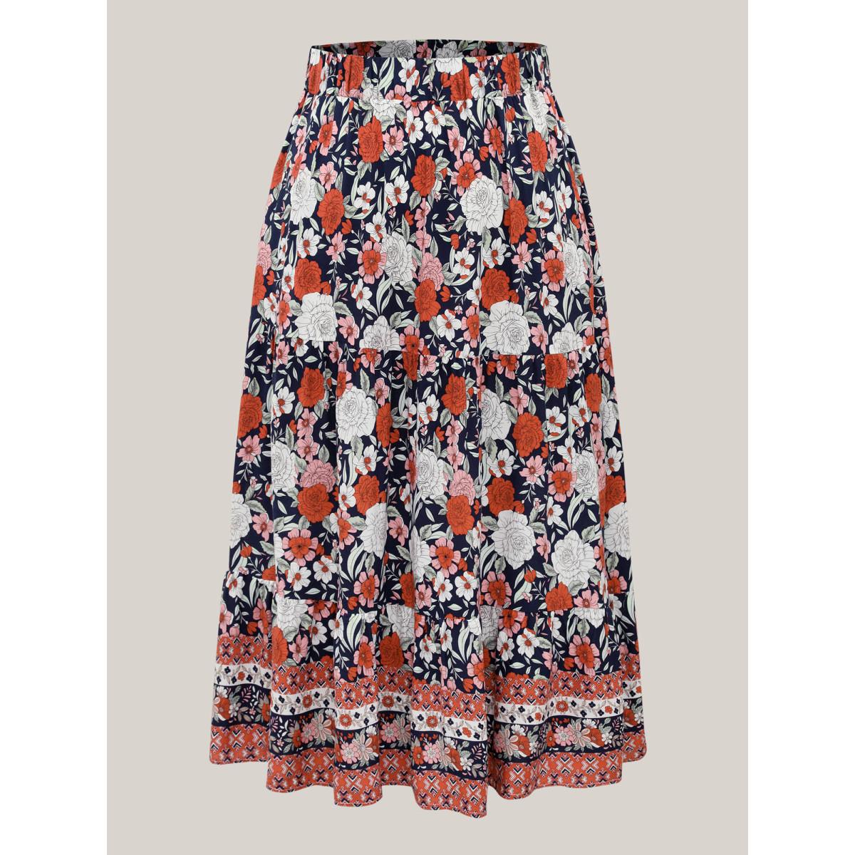 Plus Size Rayon Breezy Floral Print Tiered Back Maxi Skirt Women Rust Boho Loose No stretch Side seam pocket Vacation Skirts BloomChic 22-24/3X Product Image