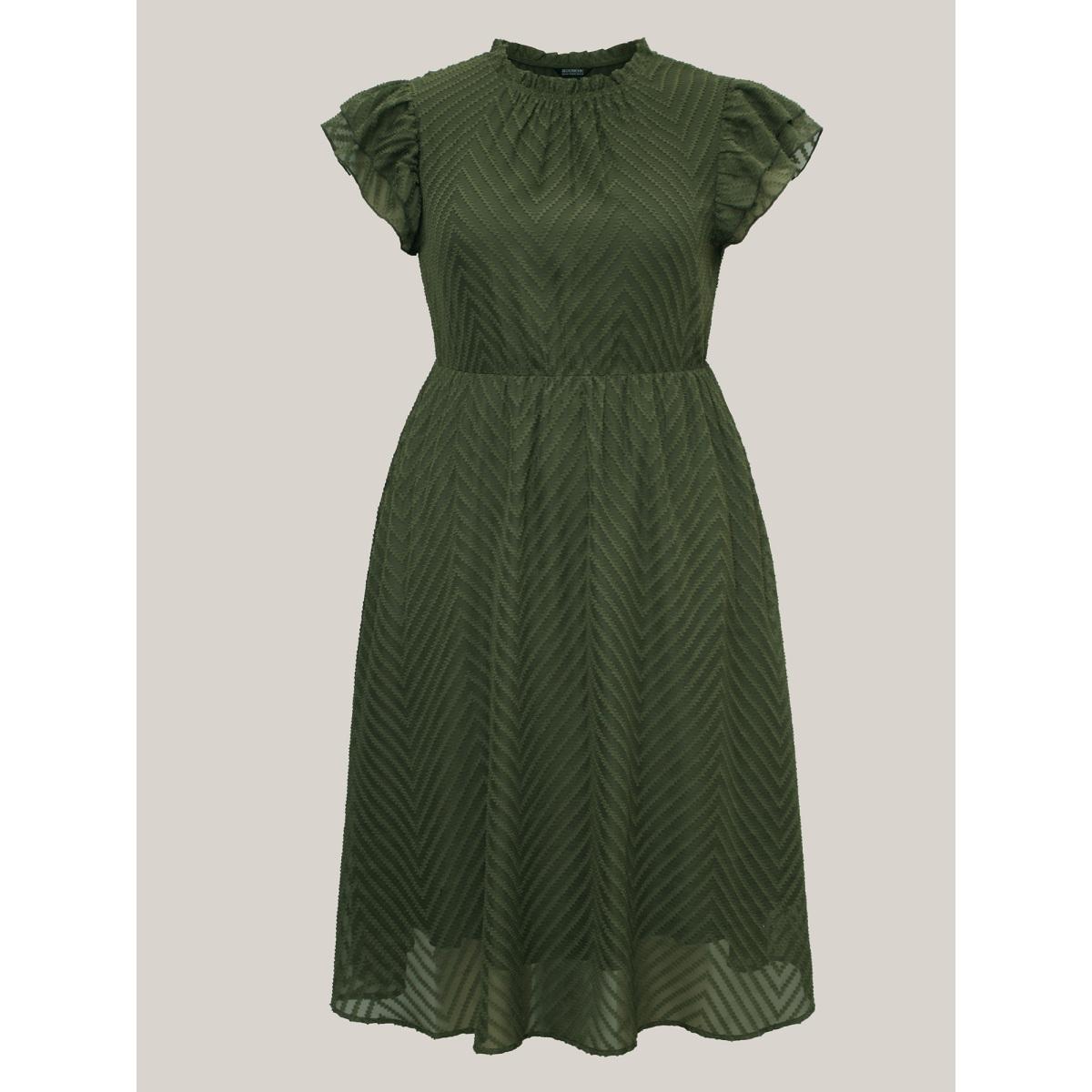 Plus Size Plain Geometric Layered Sleeve Pocket Ruffle Mock Neck Dress ArmyGreen Women Office See through Round Neck Cap Sleeve Curvy Midi Dress BloomChic 10/M Product Image