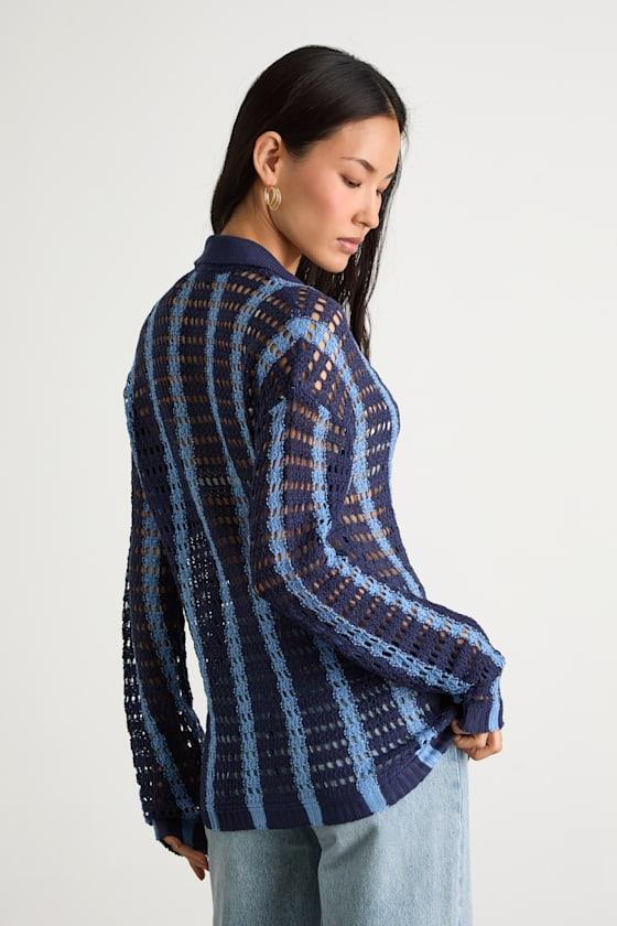 Maysen Navy Blue Striped Crochet Collared Cardigan Product Image