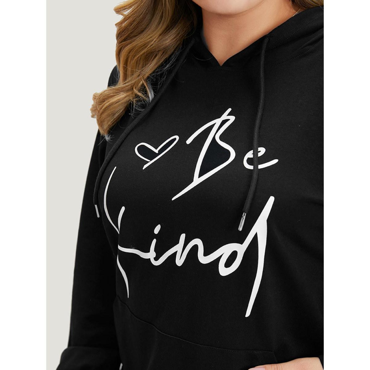 Plus Size Letter Print Pocket Drawstring Hooded Sweatshirt Women Black Casual Elastic cuffs Dailywear Sweatshirts BloomChic 12/L Product Image