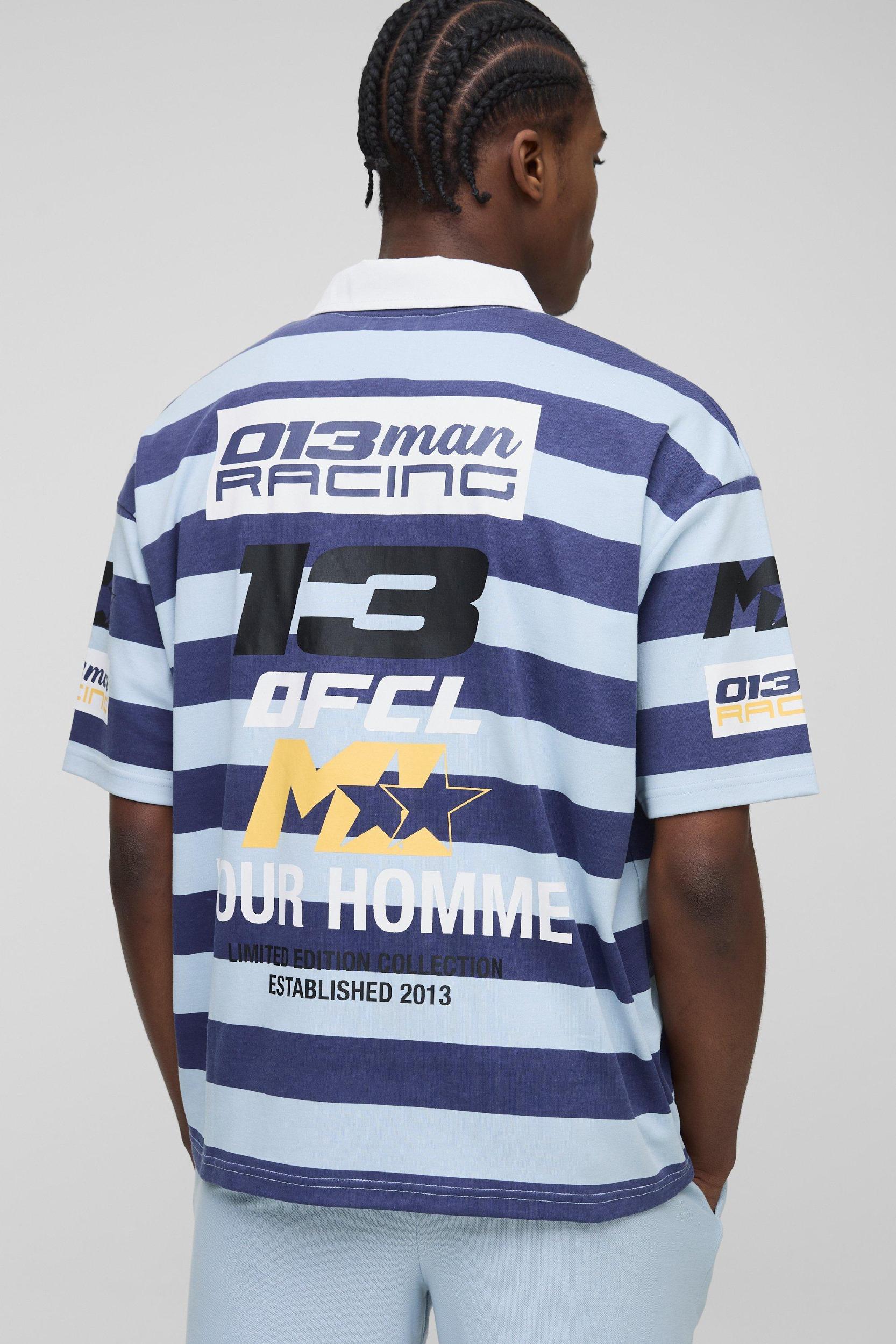 Oversized Moto Graphic Stripe Rugby Polo | boohooMAN USA Product Image