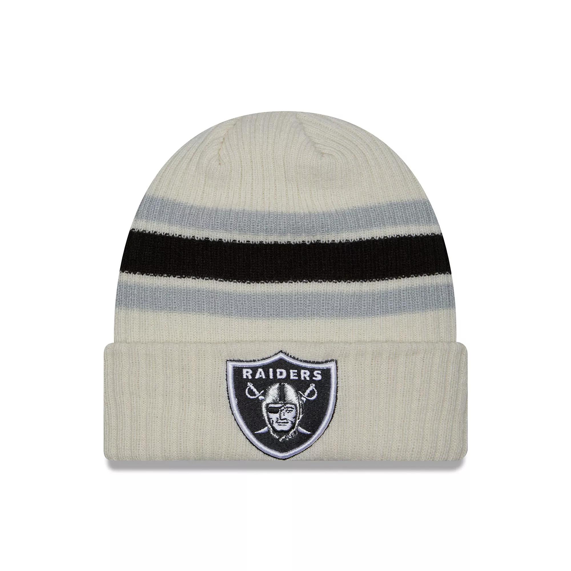 Men's New Era Cream Las Vegas Raiders Team Stripe Cuffed Knit Hat, Lvr Beige Product Image