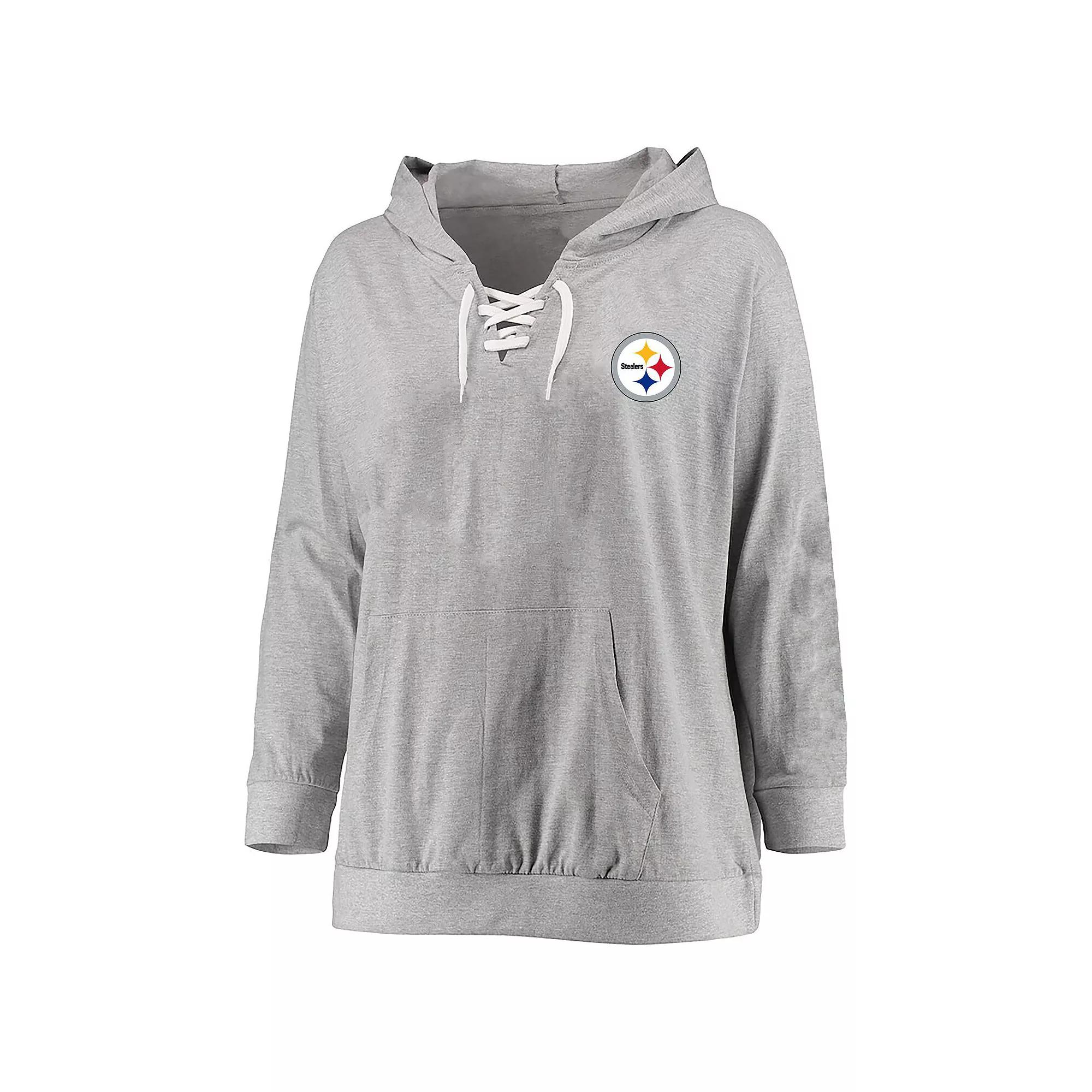 Women's Fanatics Heather Gray Pittsburgh Steelers Plus Size Lace-up Pullover Hoodie, Size: 2XL, Grey Product Image