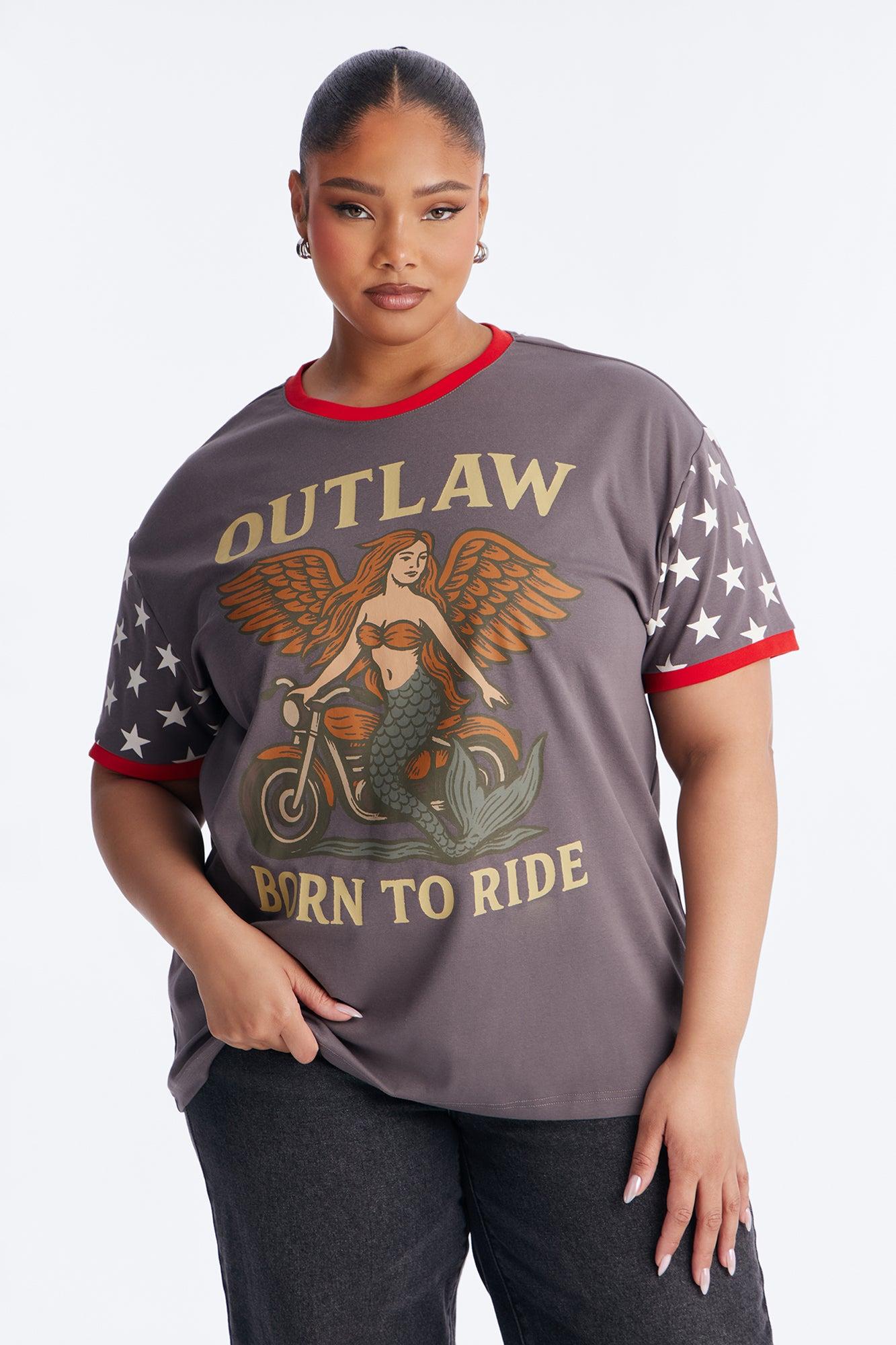 Outlaw Born To Ride Oversized Tee - Charcoal/combo Female Product Image