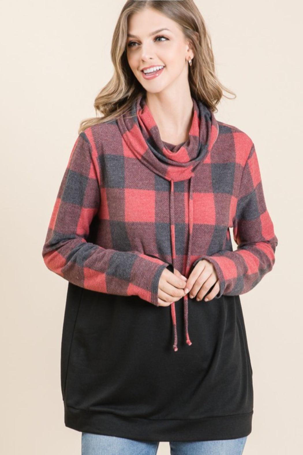 BRUSHED CHECK PLAID COWL NECK TOP Product Image