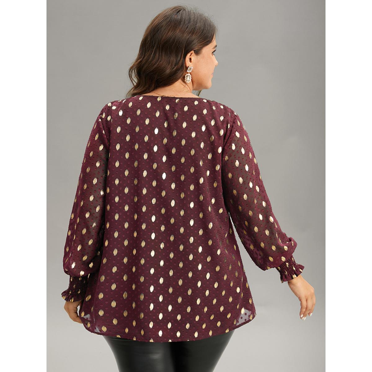 Plus Size Scarlet Glitter Polka Dot Textured Shirred Tiered Blouse Women Glamour Long Sleeve V-neck Party Blouses BloomChic 30/6X Product Image