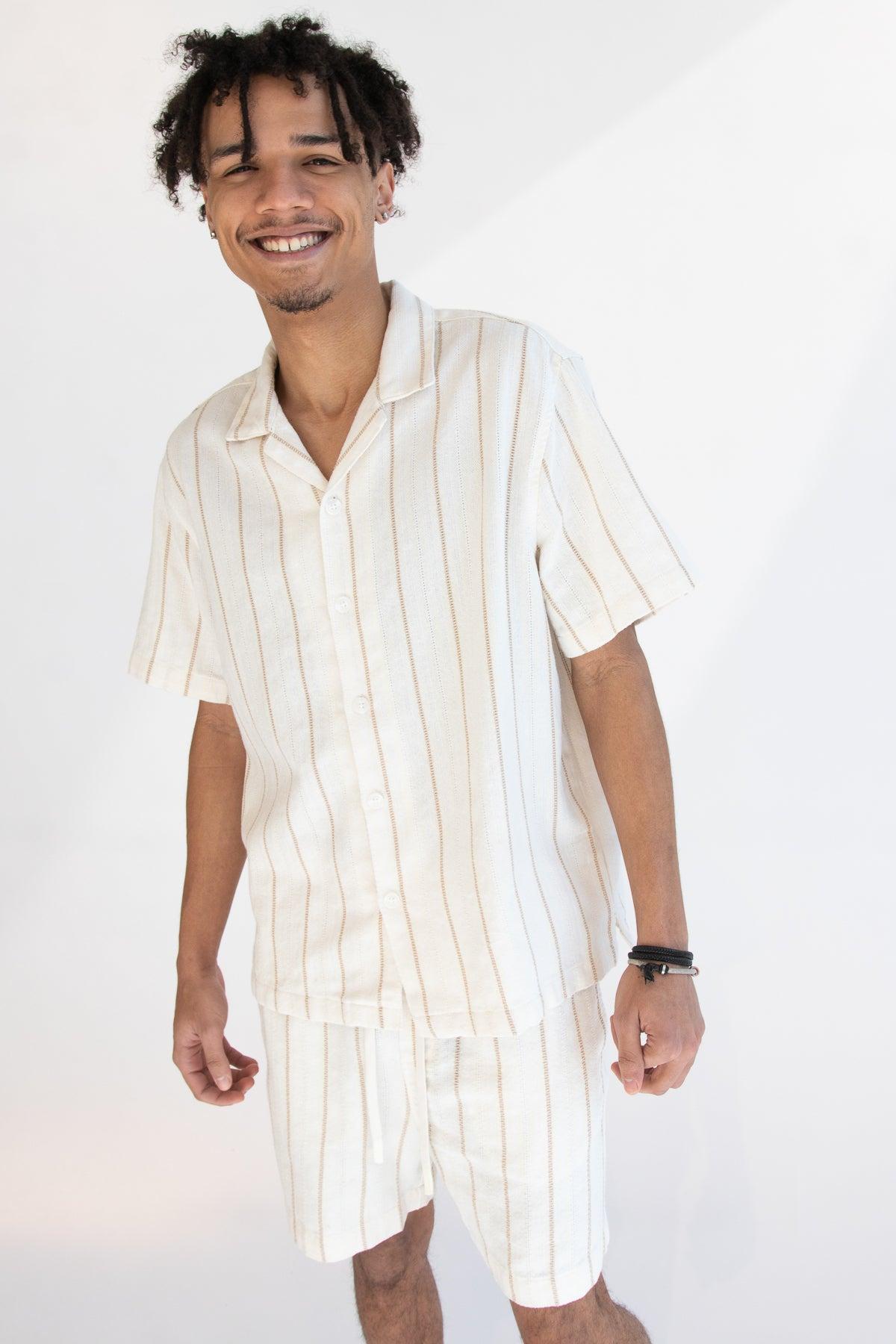 Khaki & White Striped Textured Button Up Shirt Product Image