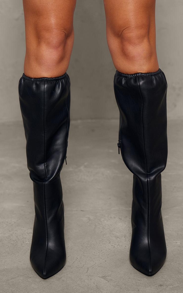 Black Pu Point Toe Gathered Hem Knee High Stiletto Heeled Boots Product Image