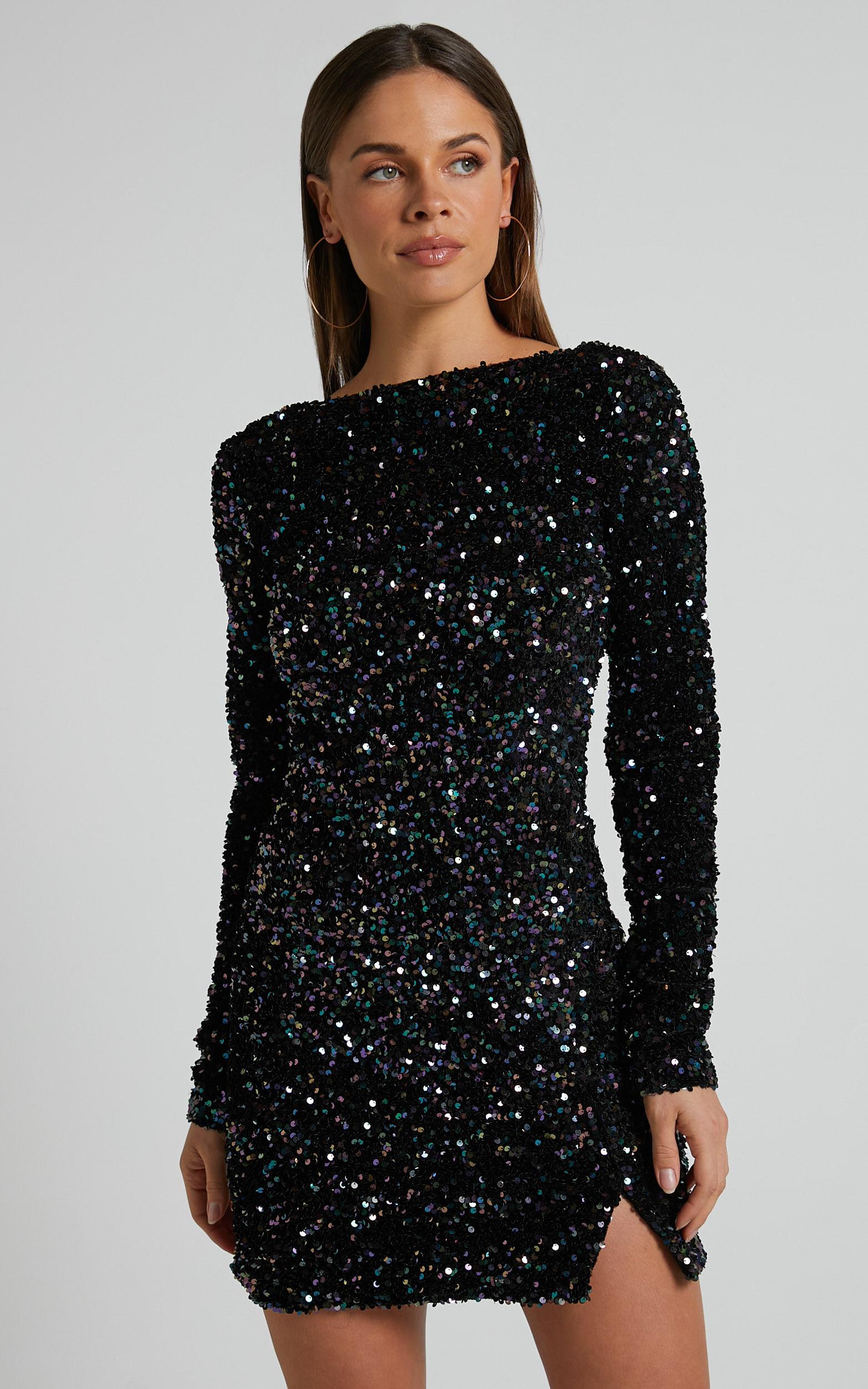 Tracy Mini Dress - Sequin Long Sleeve Backless Dress in Black Product Image